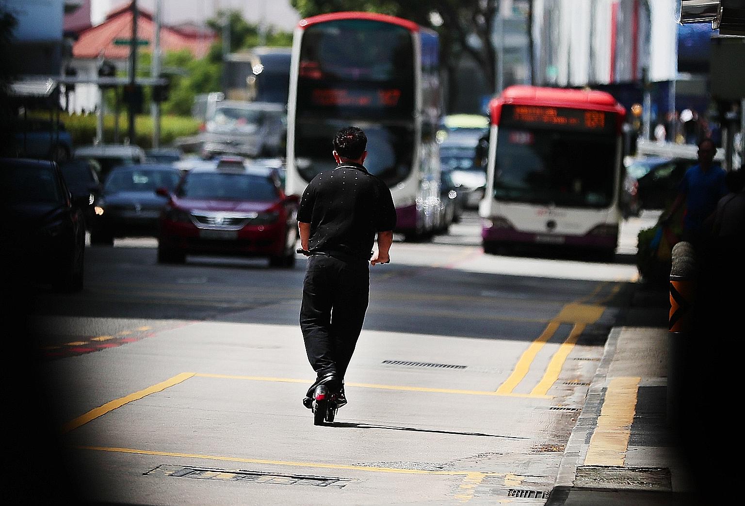 Mr Davy Yiu lost control of his e-scooter while trying to avoid two pedestrians, landed on his device and crushed his spleen. PHOTO: COURTESY OF DAVY YIU A man riding an e-scooter in the Bugis area. According to the study by Tan Tock Seng Hospital, a