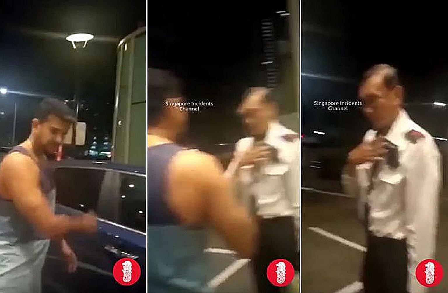 Screengrabs from a video showing a man expressing his displeasure at a security officer after being told that he needed to pay parking fees for guests visiting his condominium. PHOTO: SINGAPORE INCIDENTS/ YOUTUBE