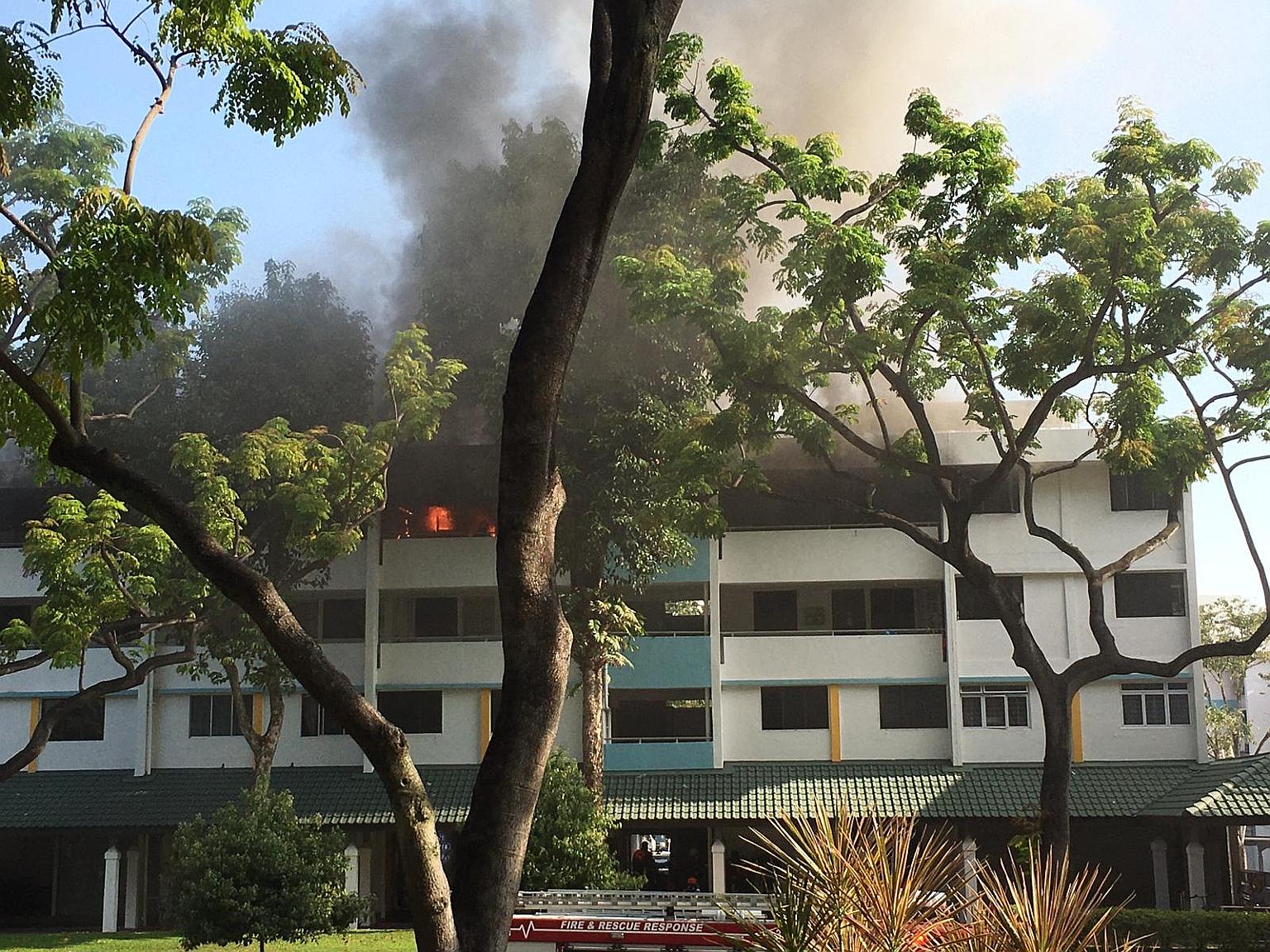 An elderly woman alone in her Ang Mo Kio Housing Board flat had to run to her neighbour for help when a fire broke out in her kitchen yesterday. About 40 residents in the block had to be evacuated as a result of the fire which involved some items in