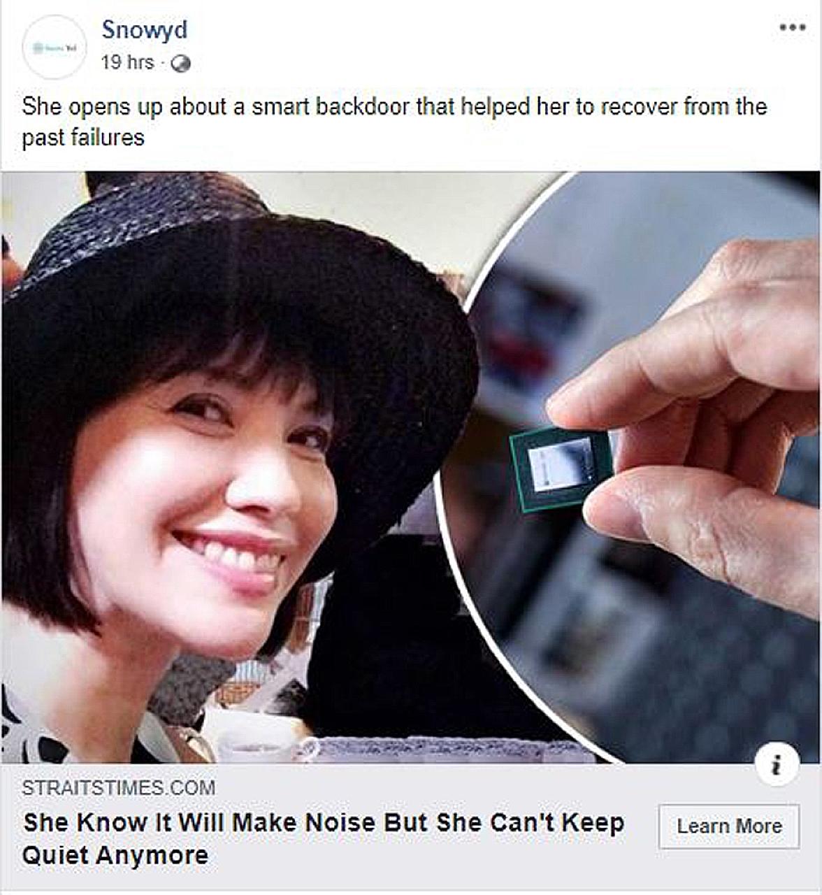 A screengrab of the fake advertisement that shows a photo of actress Zoe Tay and an image of someone holding what looks like a microchip.