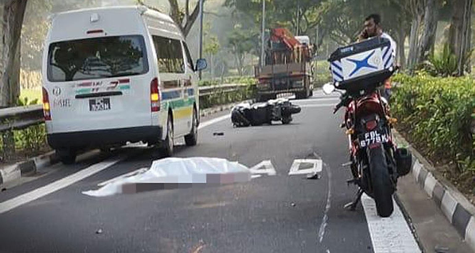 The scene of the accident in a slip road into Woodlands Avenue 2 last Saturday. The lorry driver, a 27-year-old man, is assisting with investigations. PHOTO: STOMP