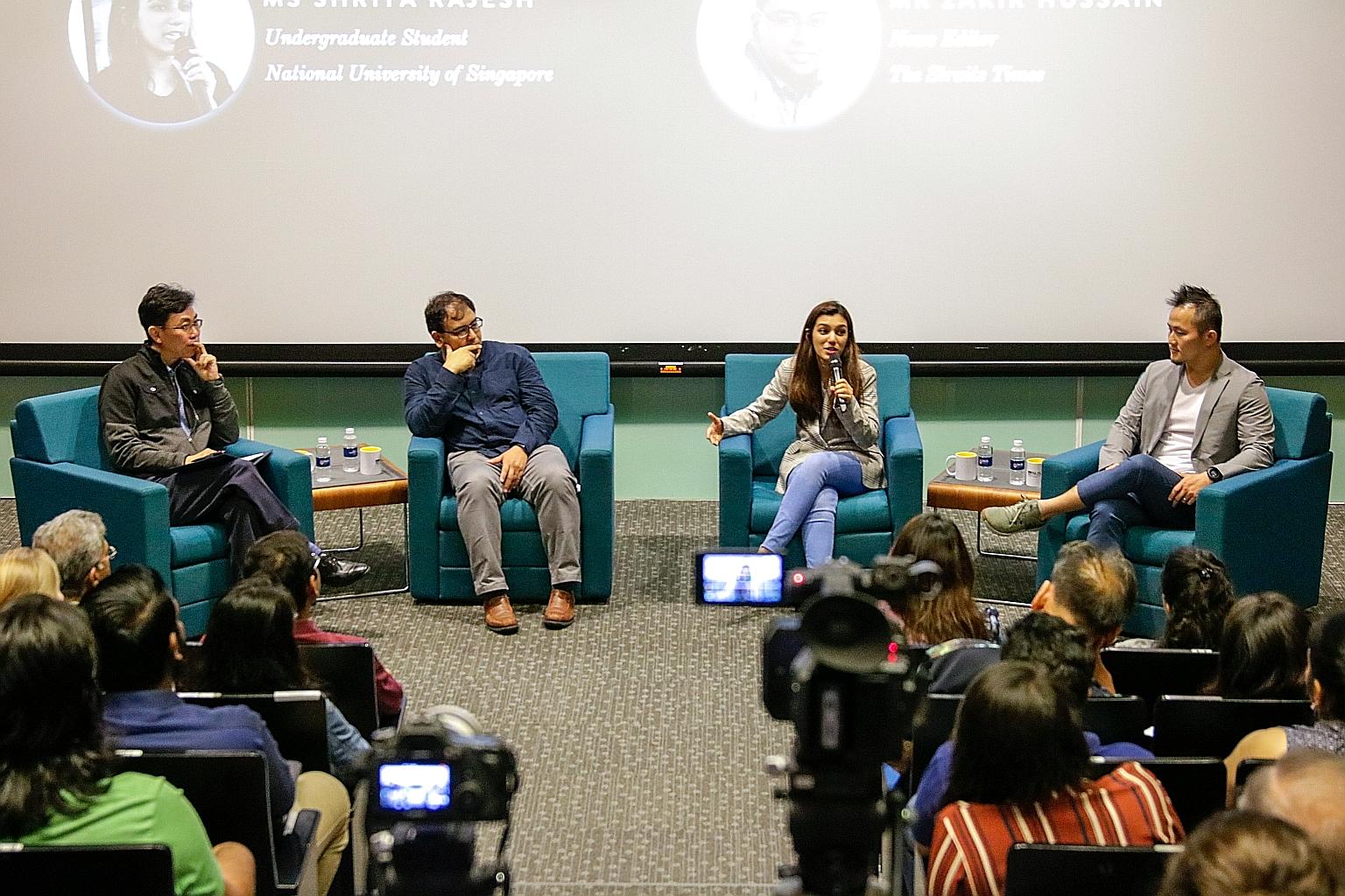 (From left) Adjunct Associate Professor Adrian Heng; ST news editor Zakir Hussain; NUS undergraduate Shriya Rajesh; and Mr Jimmy Sia, a volunteer with interfaith organisation Roses of Peace, at the forum on the impact of social media on race relation