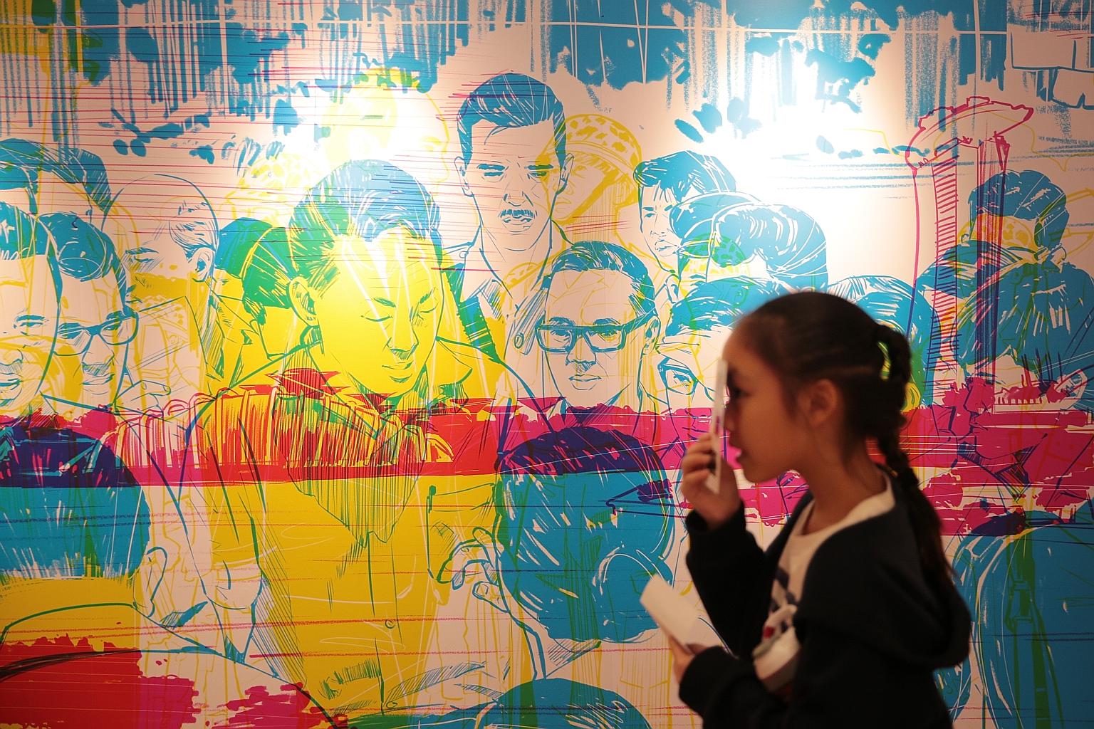 A girl using coloured lenses to view a mural depicting defining moments from Singapore's founding history, at the Founders' Memorial Design Showcase. The roving exhibition showcases 3D models of the five shortlisted designs, along with video clips an