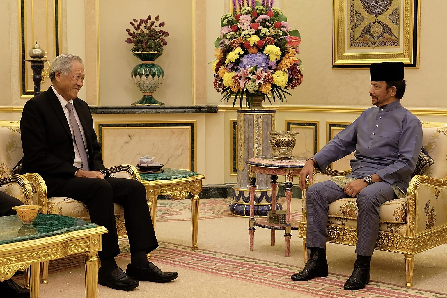 Defence Minister Ng Eng Hen met Brunei's Sultan Hassanal Bolkiah yesterday. They reiterated the importance of Brunei-Singapore ties and also welcomed the successful completion of this year's Exercise Pelican. PHOTO: MINDEF
