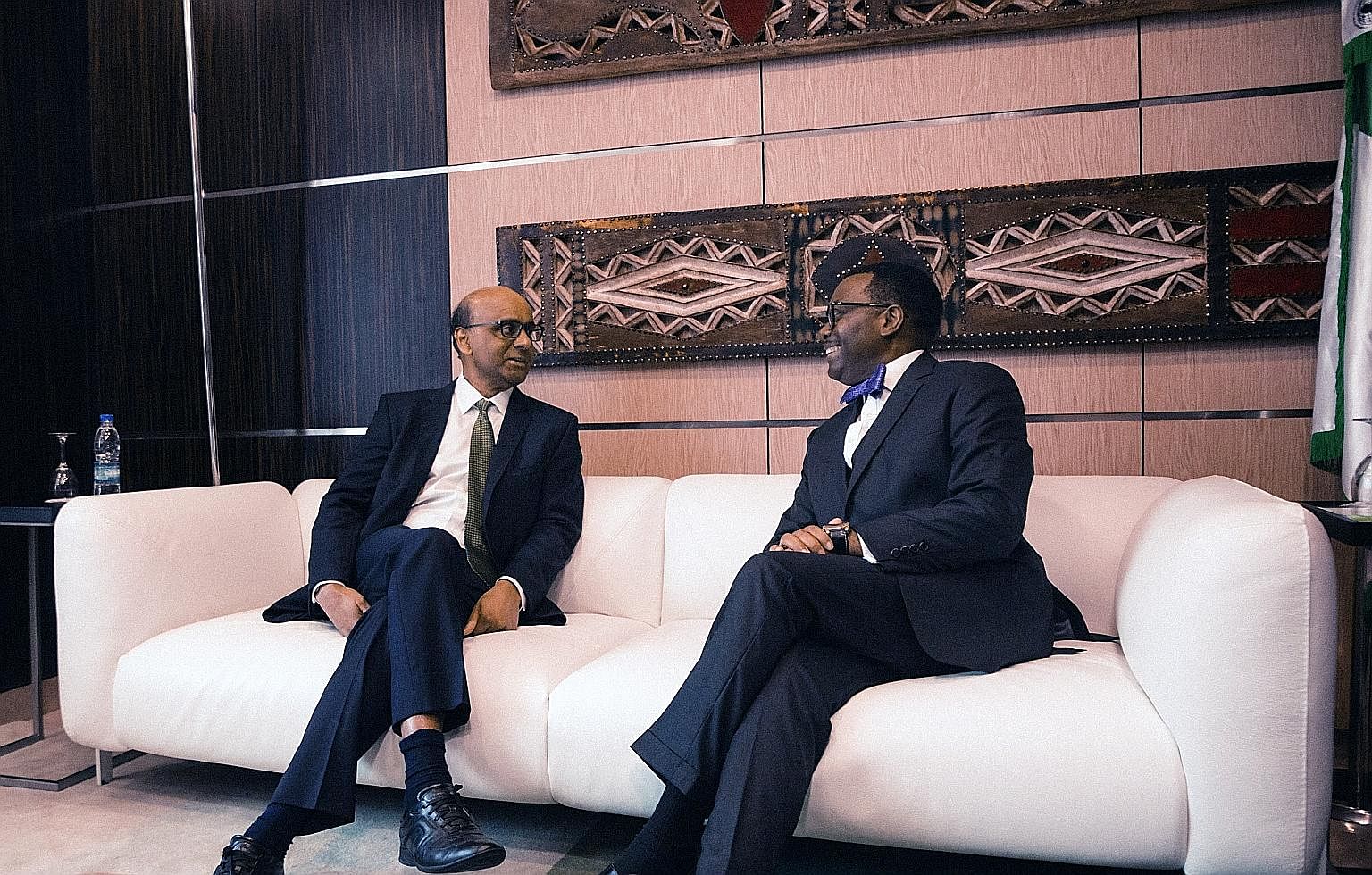 Senior Minister Tharman Shanmugaratnam with African Development Bank Group president Akinwumi Adesina. Mr Tharman was on a five-day official visit to Ghana and Cote d'Ivoire that ended on Thursday. PHOTO: AFRICAN DEVELOPMENT BANK GROUP