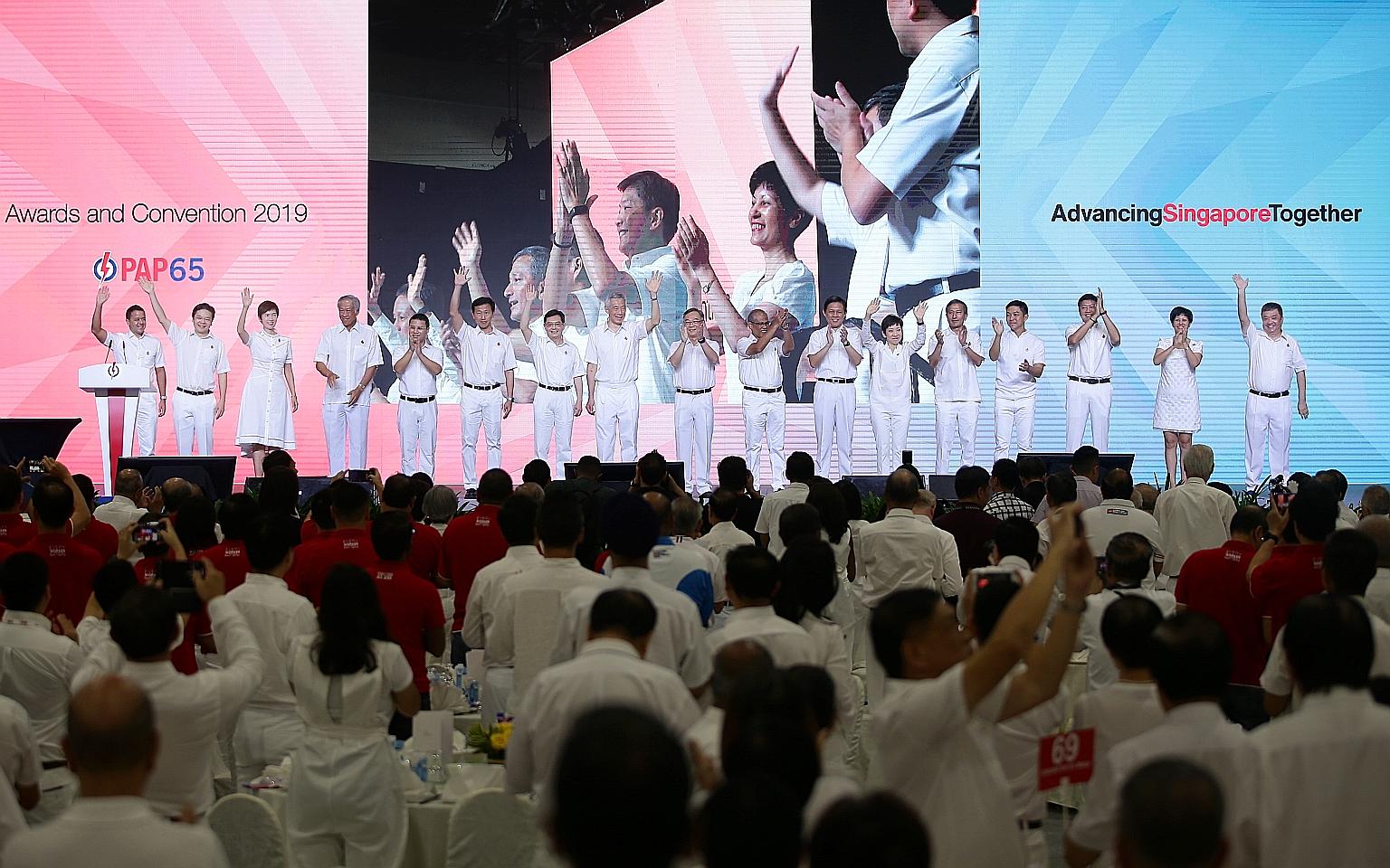 Members of the PAP's central executive committee at the convention yesterday: (from left) Holland-Bukit Timah GRC MP Christopher de Souza; National Development Minister Lawrence Wong; Manpower Minister Josephine Teo; Defence Minister Ng Eng Hen; Soci