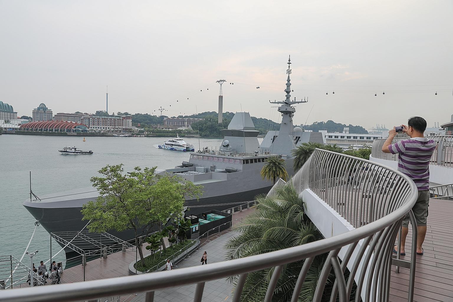 The stealth frigate RSS Supreme docked outside VivoCity mall as part of the Navy@Vivo public outreach event that starts today. The ship will be open to the public for tours during the six-day event. ST PHOTO: ONG WEE JIN