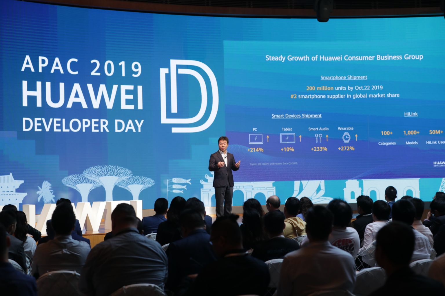 Mr Zhang Ping'an, president of Huawei Consumer Cloud Service addressing the attendees at its APAC Developer Day last Wednesday. 
