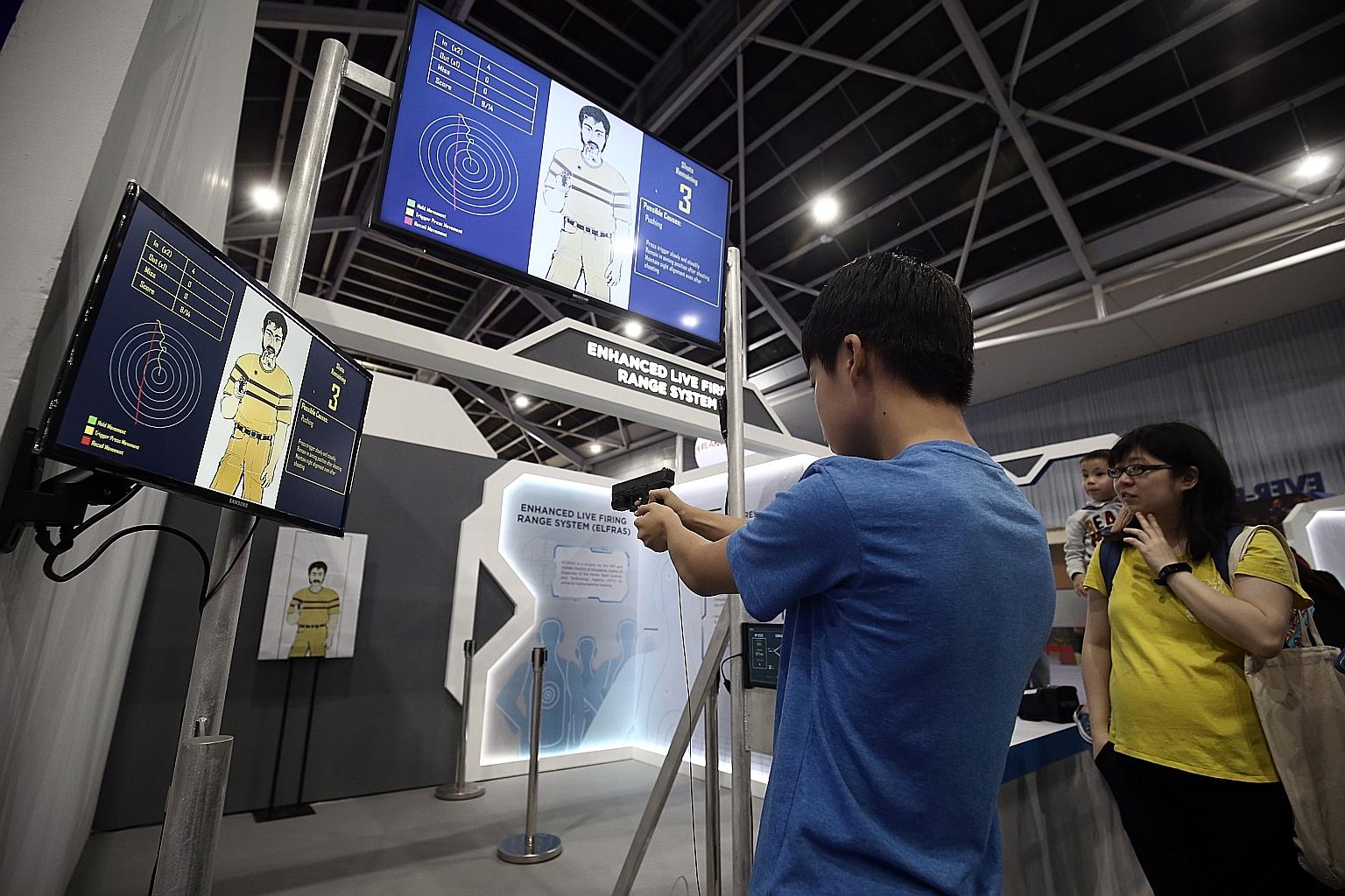 Visitors can try their hand at firing a Glock pistol with the Enhanced Live Firing Range System, which uses multiple sensors to capture and analyse the shooter's performance down to the grip, breathing, posture and gaze. It is being used to speed up 