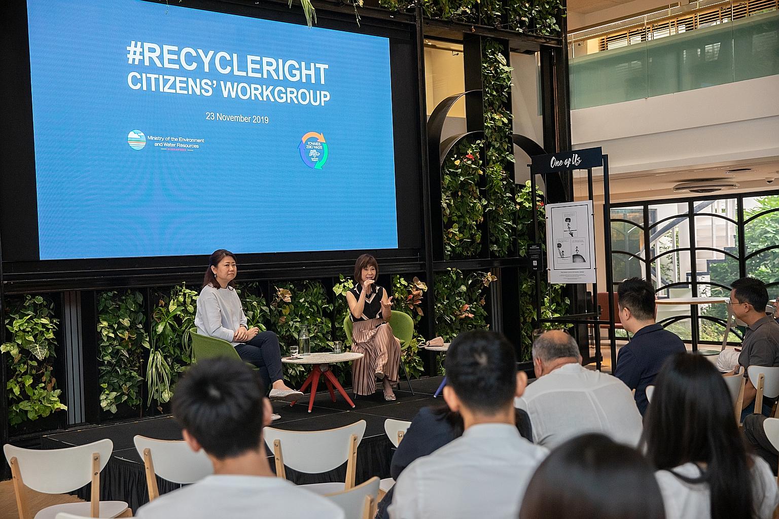 Senior Minister of State for the Environment and Water Resources Amy Khor (right) and Ms Selina Lim, the Ministry of the Environment and Water Resources' director of communications and 3P Partnership Division, at a discussion yesterday on recycling s