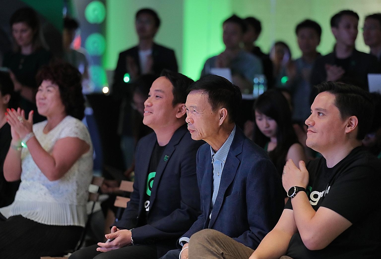 Among those celebrating Gojek's first birthday in Singapore yesterday were its co-CEO Andre Soelistyo, Trans-Cab CEO Teo Kiang Ang and Gojek senior vice-president of communications Darragh Ooi.