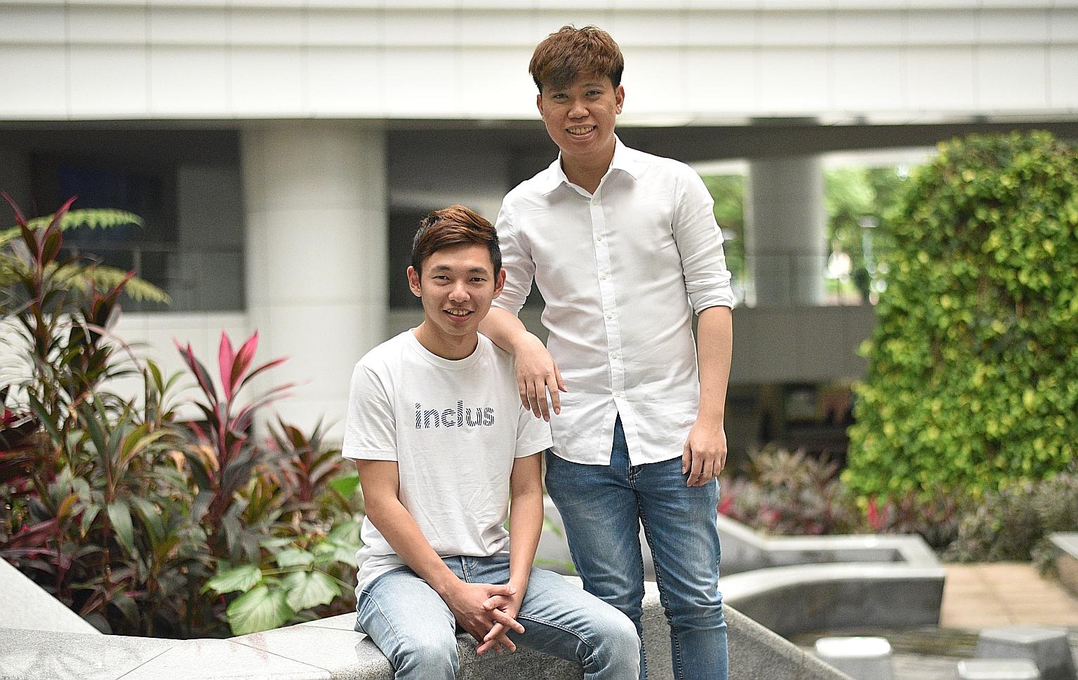 Institute of Technical Education graduates Anders Tan (left), co-founder of Inclus, and Aow Jia Rong, chief executive and co-founder of Ezsofe. Both entrepreneurs are part of a diploma programme that sees companies working with the institute on work-