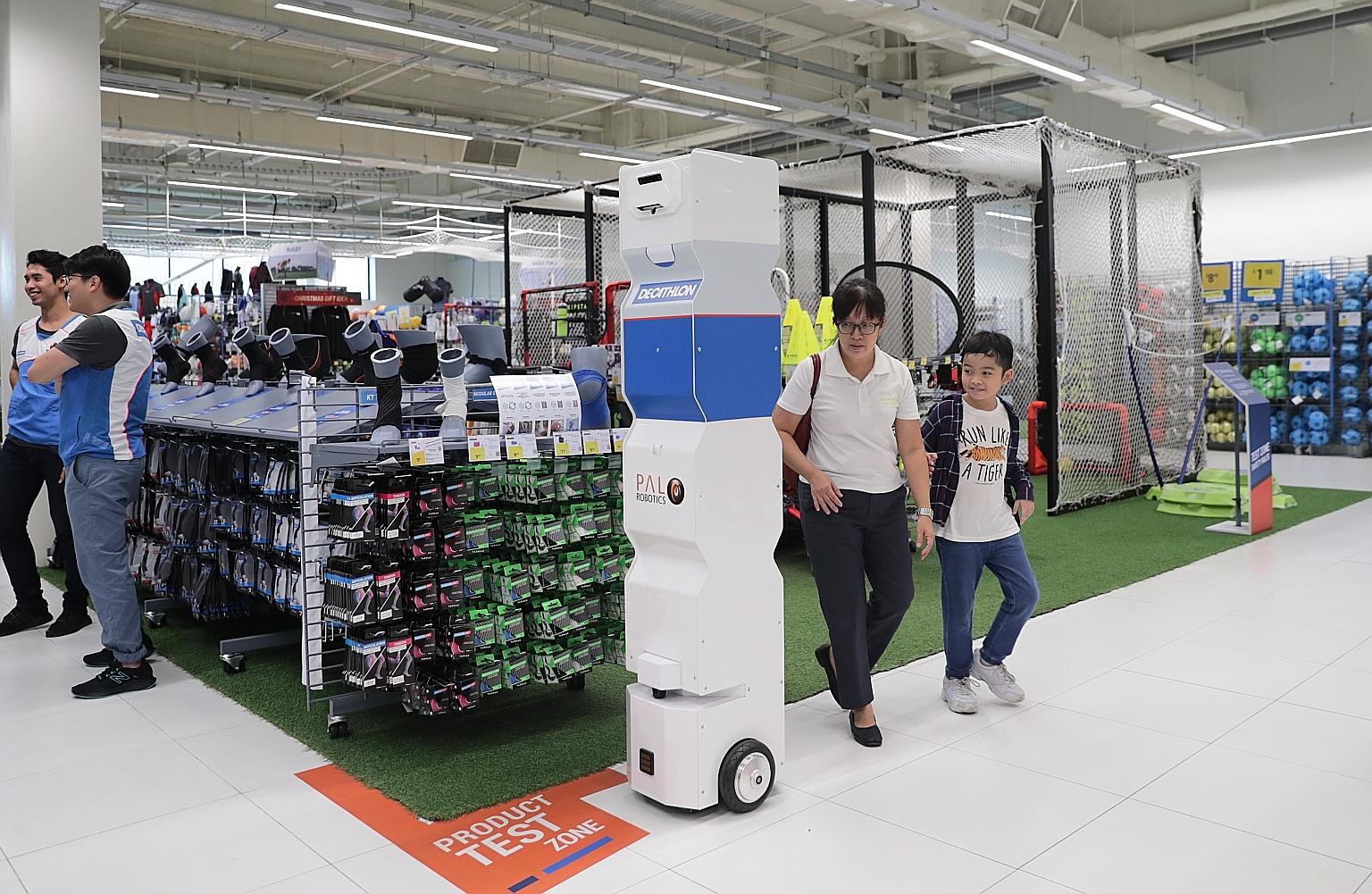 A demonstration of a robot deployed for stock inventory checking at the Decathlon Singapore Lab.