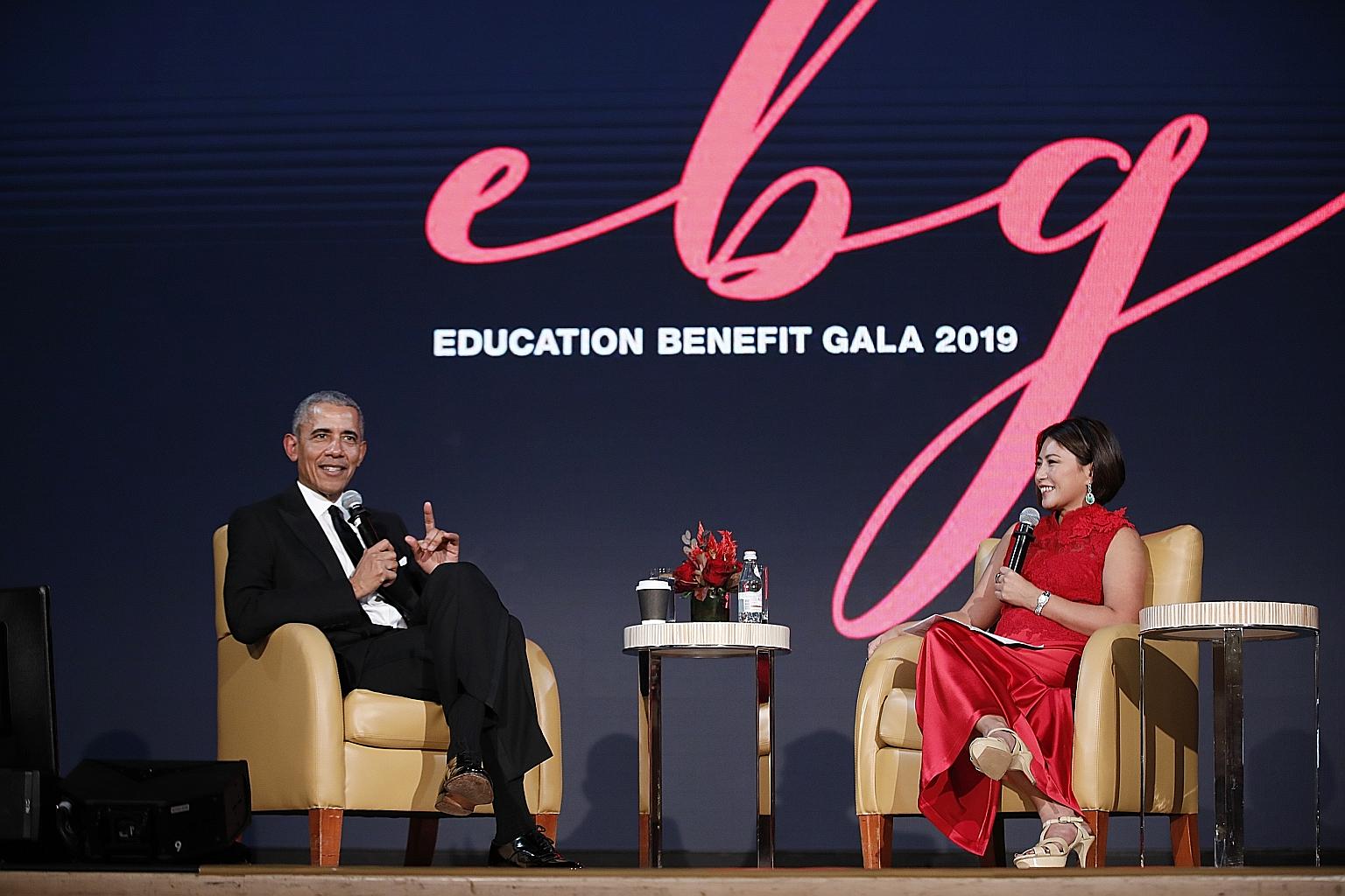 Former US president Barack Obama at a dialogue moderated by venture capitalist Cheah Sui Ling at the Education Benefit Gala organised by Novena Global Lifecare healthcare and aesthetics group. Mr Obama spoke on a wide range of topics, including fake