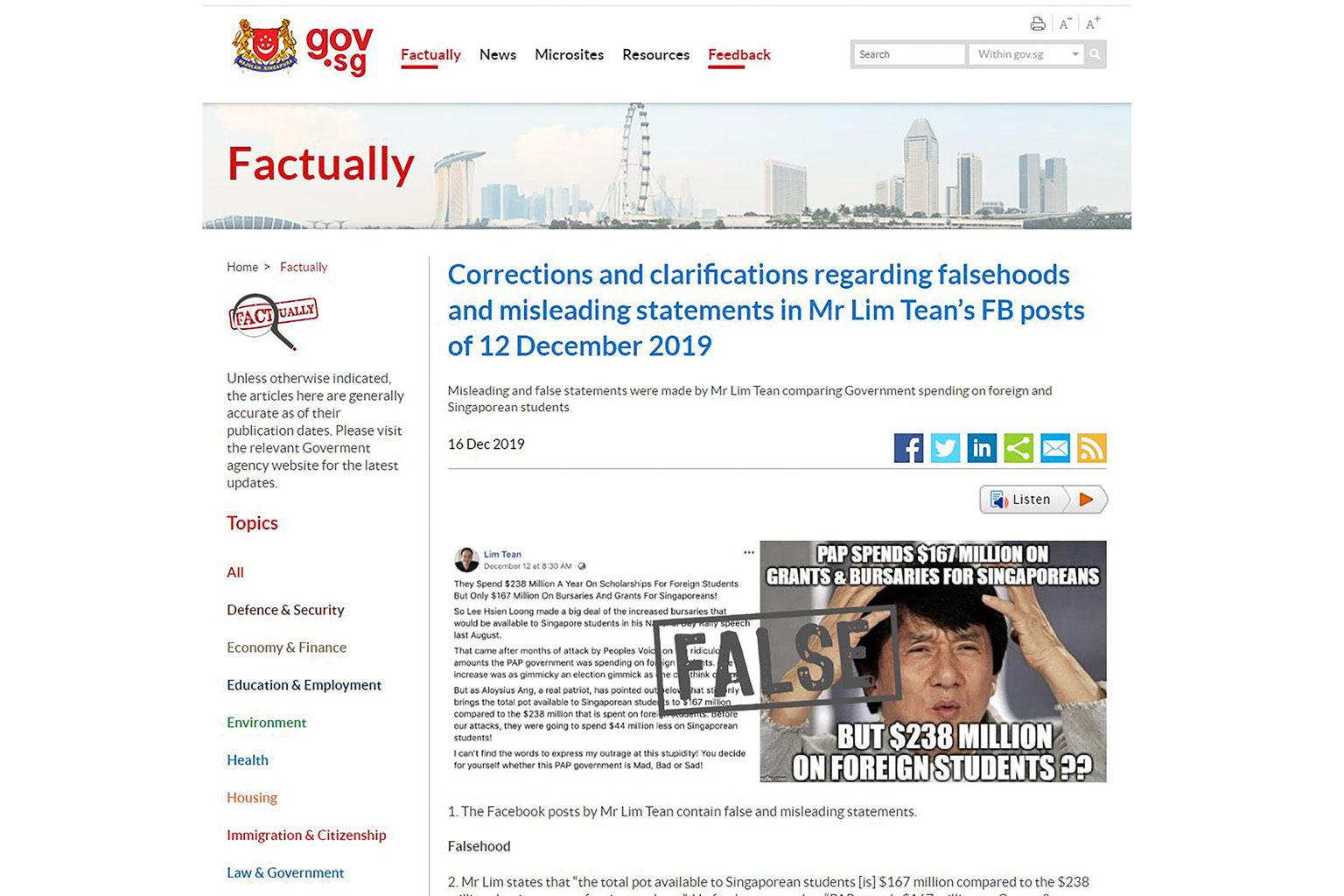 The government notice on its website Factually says opposition politician Lim Tean's Facebook posts contain false and misleading statements. Mr Lim put up the correction notices on his posts at about 10pm yesterday.