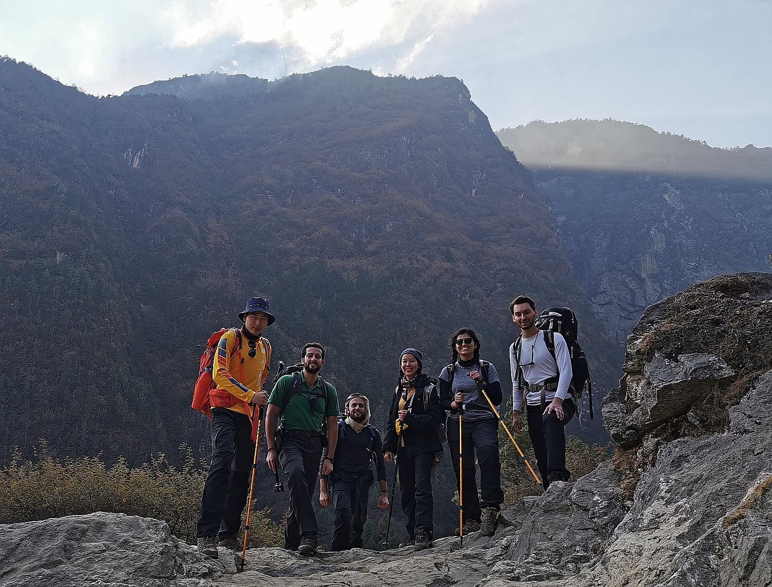 (From left) Mr Mcrid Wang, Mr Enrico Viora, Mr Alhasan Alkaff, Ms Napath Lertpinyopast, Ms Soyena Dhakal and Mr Xavier Janssen on day two of their trek last month to the Mount Everest base camp.