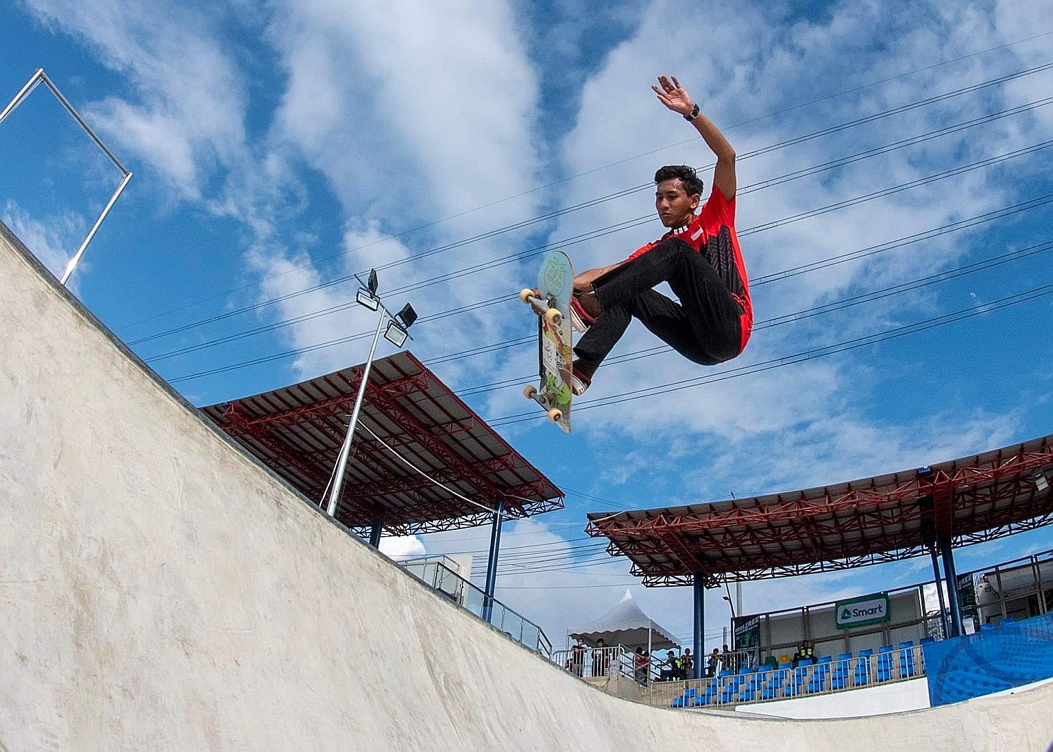 Singapore skateboarder Johan Badiuzzaman Johar training at the SEA Games venue in Tagaytay City, Philippines, last month. He finished ninth in the men's park final. PHOTO: SPORT SINGAPORE