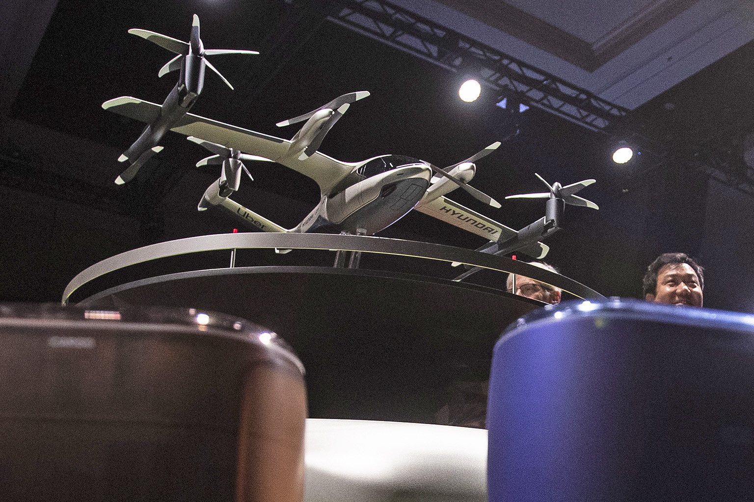 An S-A1 model aircraft of the Hyundai and Uber Elevate urban air taxi concept being displayed at a press conference at the Consumer Electronics Show in Las Vegas on Monday. The aircraft utilises "distributed electric propulsion", designed with multip