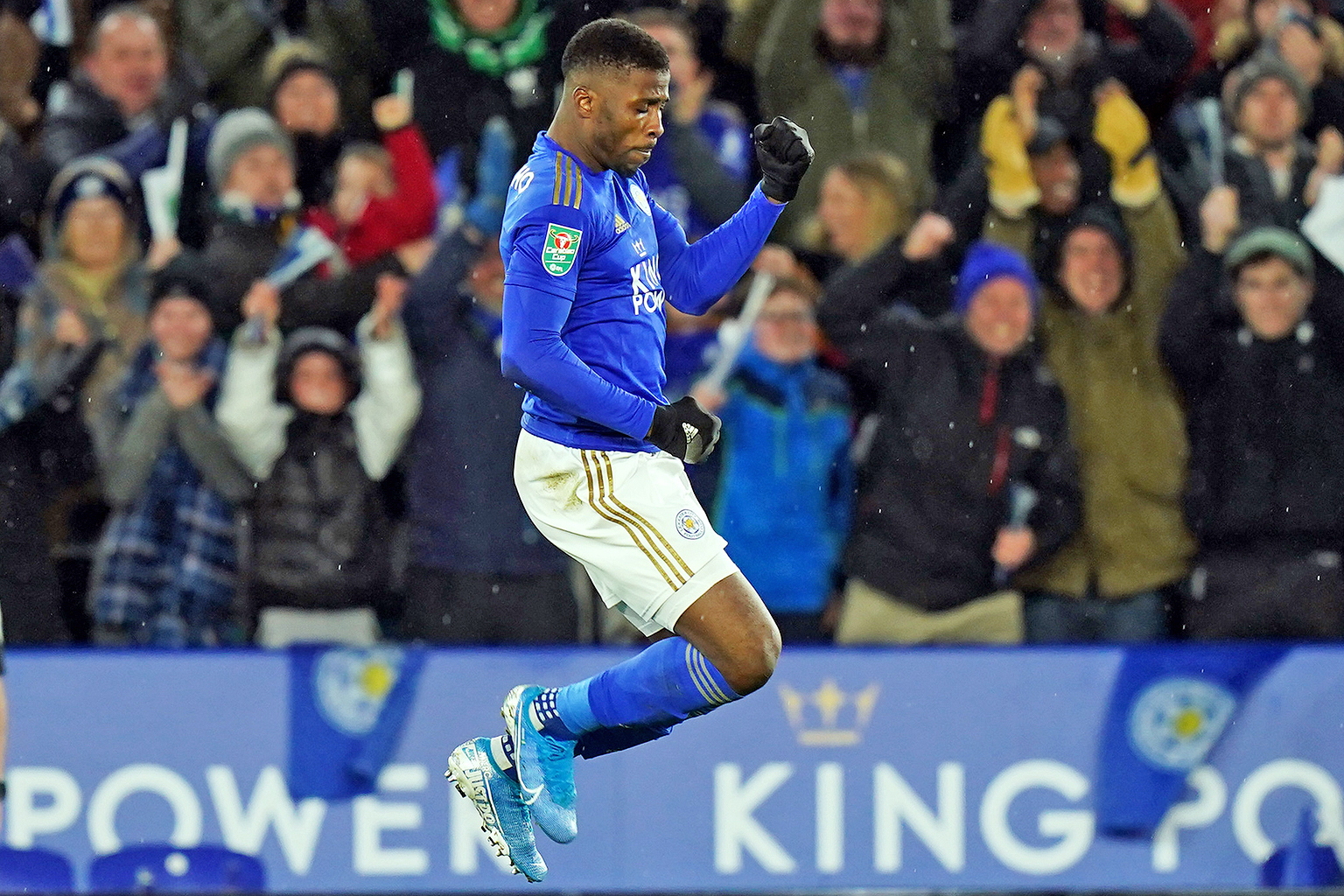 Leicester's Kelechi Iheanacho celebrating after scoring the equaliser in the 1-1 League Cup semi-final, first-leg draw with Aston Villa on Wednesday. The Foxes, who are flying high in second place in the Premier League table, are seeking their first