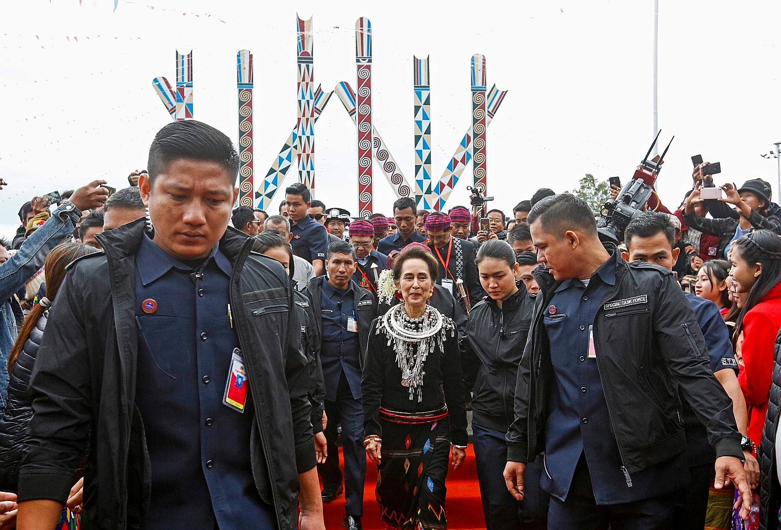 Myanmar leader Aung San Suu Kyi at the 72nd Kachin State Day ceremony in the state capital of Myitkyina yesterday.
