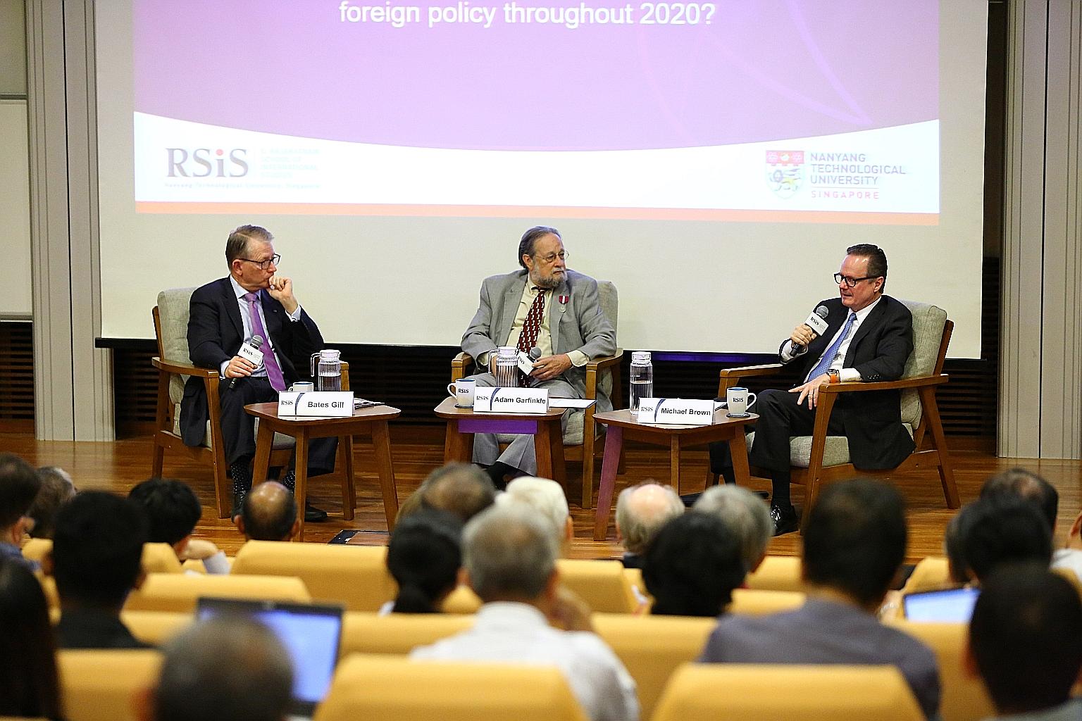 (From left) Dr Bates Gill, professor of Asia-Pacific security studies at Macquarie University; moderator Adam Garfinkle, S. Rajaratnam School of International Studies distinguished visiting fellow; and Professor Michael Brown, professor of internatio