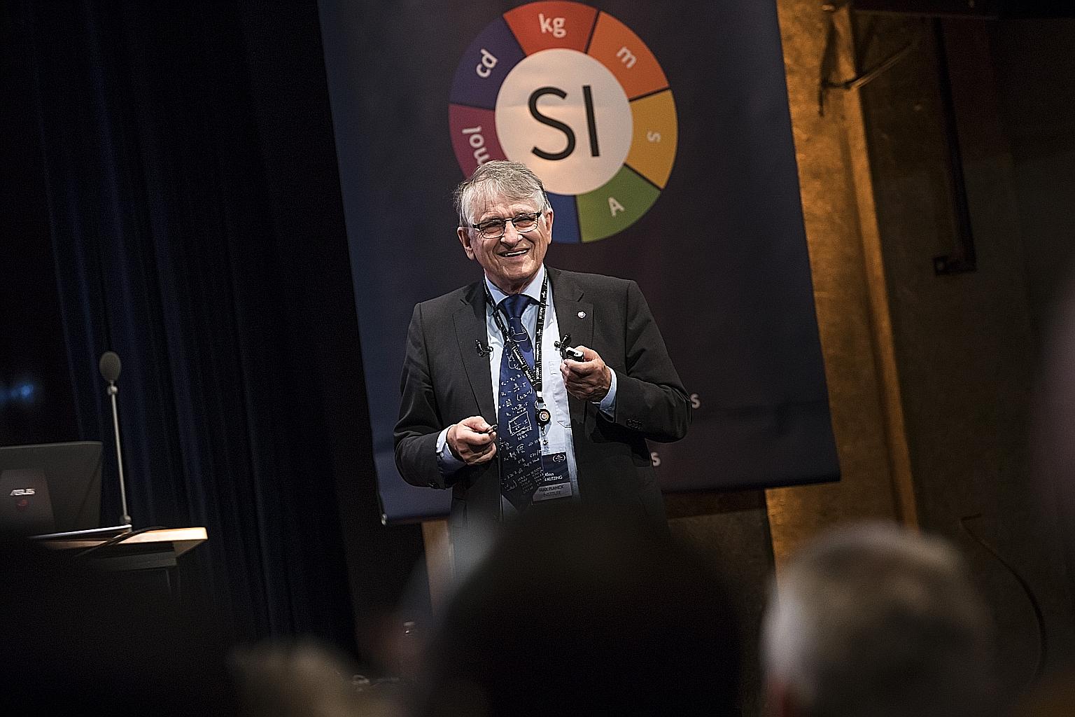 Professor Klaus von Klitzing, winner of the 1985 Nobel Prize in physics, speaking at a 2018 conference in Versailles, France. He will be one of 17 award-winning speakers at next week's Global Young Scientists Summit in Singapore. PHOTO: EPA-EFE