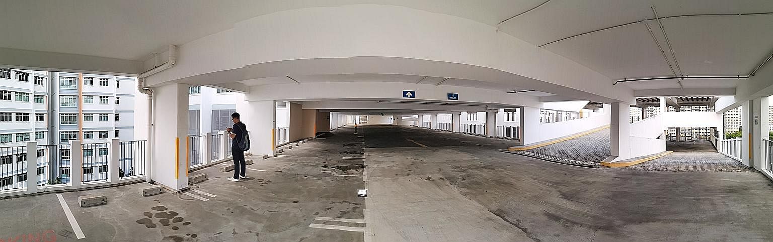 The carpark at Block 526B Pasir Ris Street 51, where 13-year-old student Carlyn Wee fell to her death. She was believed to have lost control of her bicycle while cycling down a ramp on the sixth level. She reportedly collided into a metre-high rail o