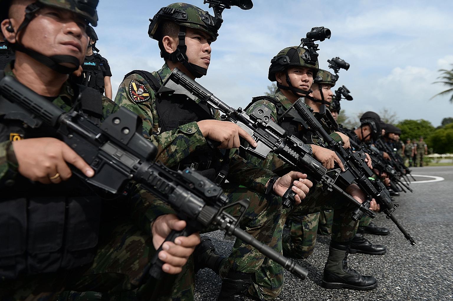 Royal Thai Marines gathering in formation during a ceremony in Chulabhorn Camp in November. The 124.4 billion baht defence budget was among the main topics during Thailand's budget debate.