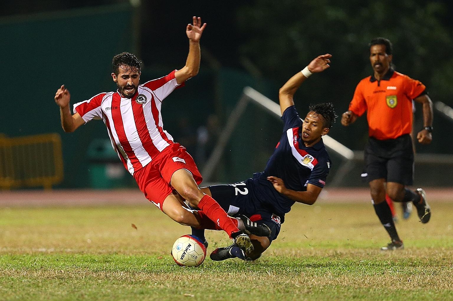 Tanjong Pagar United (in red, playing against Hougang United) last competed in the S-League (later renamed the Singapore Premier League) in 2014. The Jaguars sat out the following year because of financial woes.