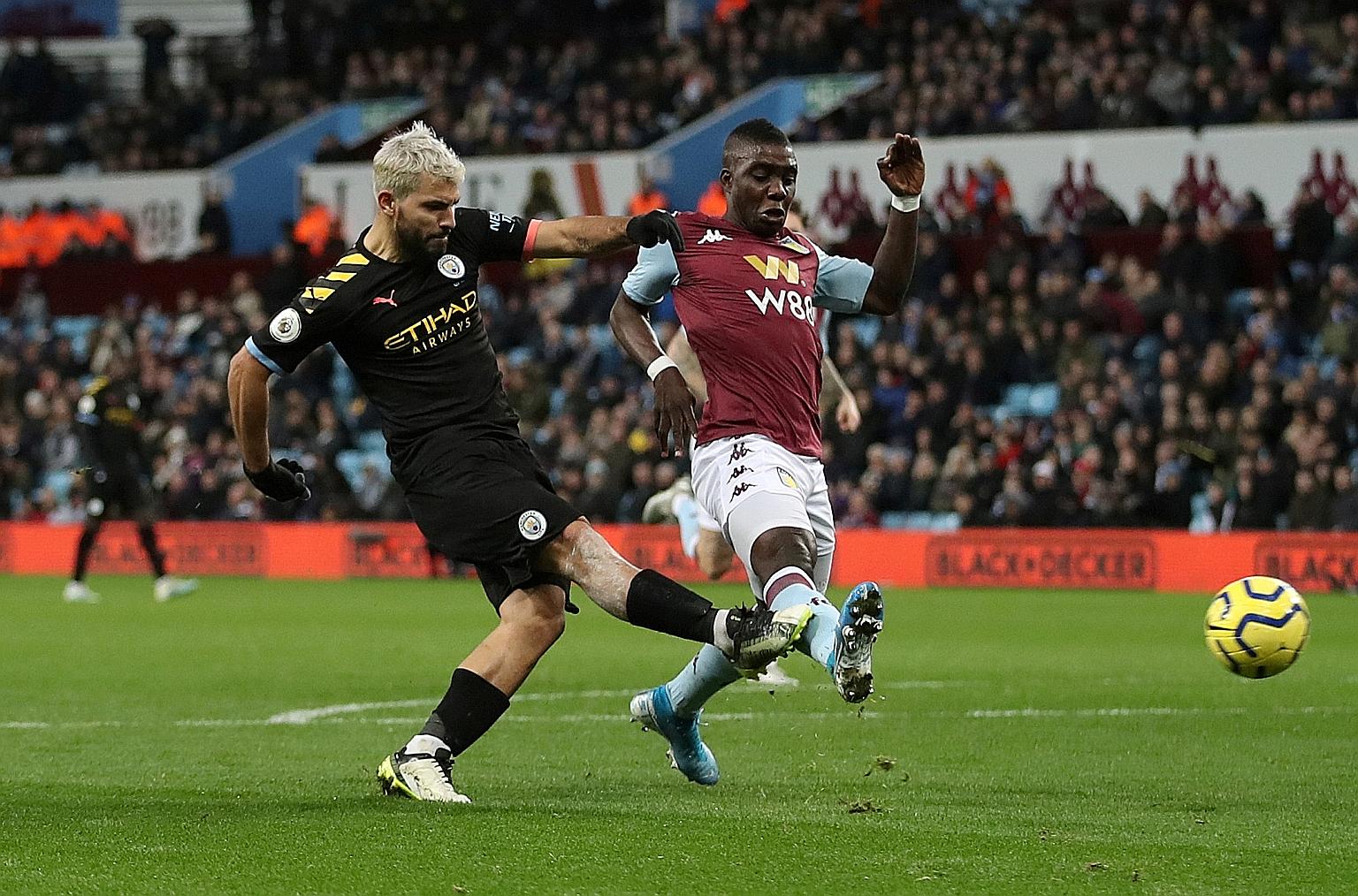 Striker Sergio Aguero scoring Manchester City's sixth goal against hosts Aston Villa to complete his hat-trick on Sunday. It was his 12th Premier League treble, more than any other player.