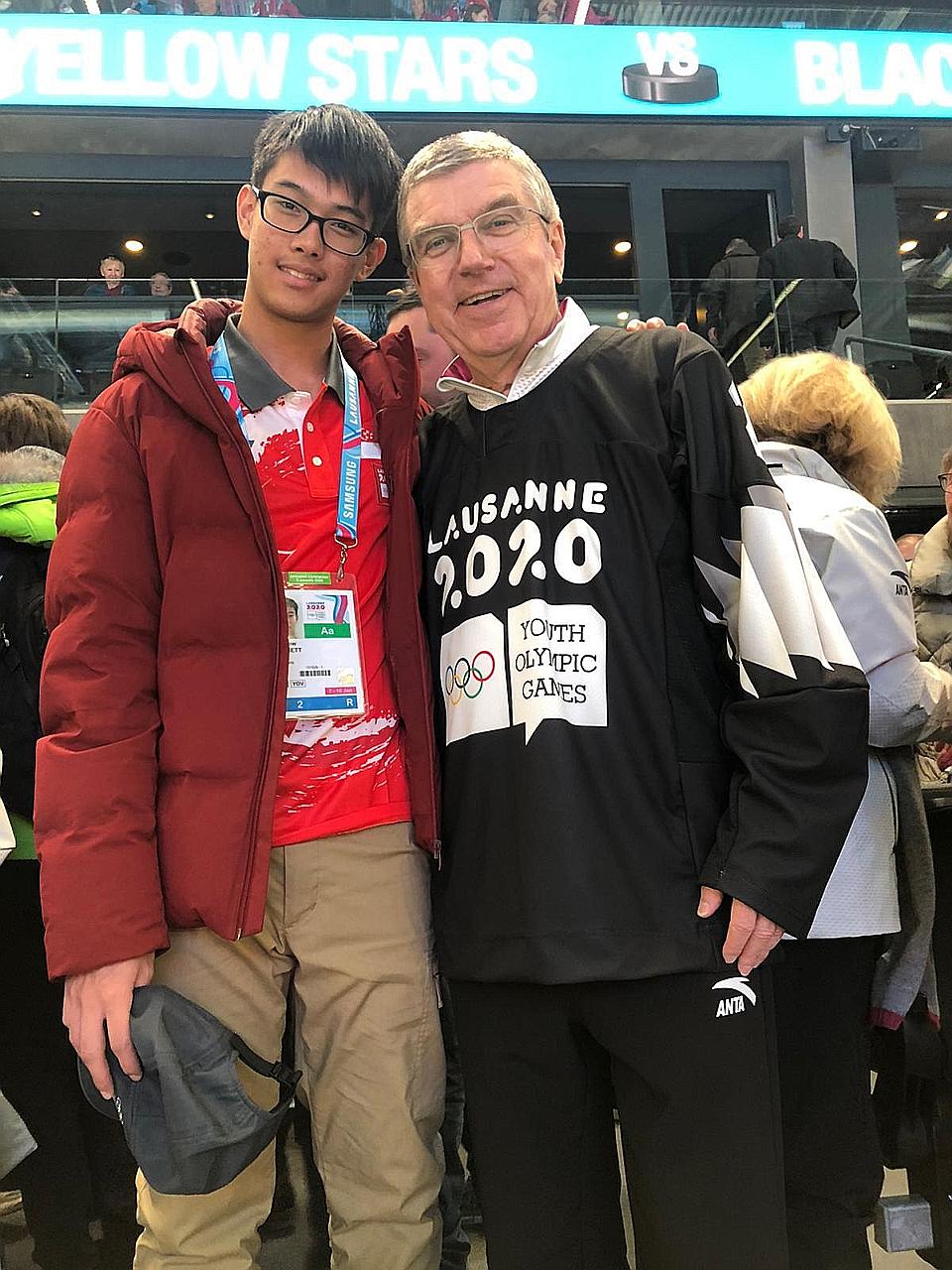 Singapore ice hockey player Matthew Hamnett with International Olympic Committee president Thomas Bach at the mixed three-on-three finals at the Winter Youth Olympic Games in Lausanne, Switzerland. Matthew is one of three Singaporean athletes at the 