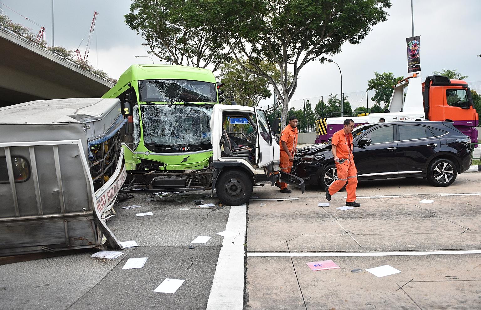 This road accident involving an SBS Transit bus, a lorry and a car left two passengers injured yesterday. They were taken to hospital after the accident at the junction of Braddell Road and Bishan Road. The Singapore Civil Defence Force and police we