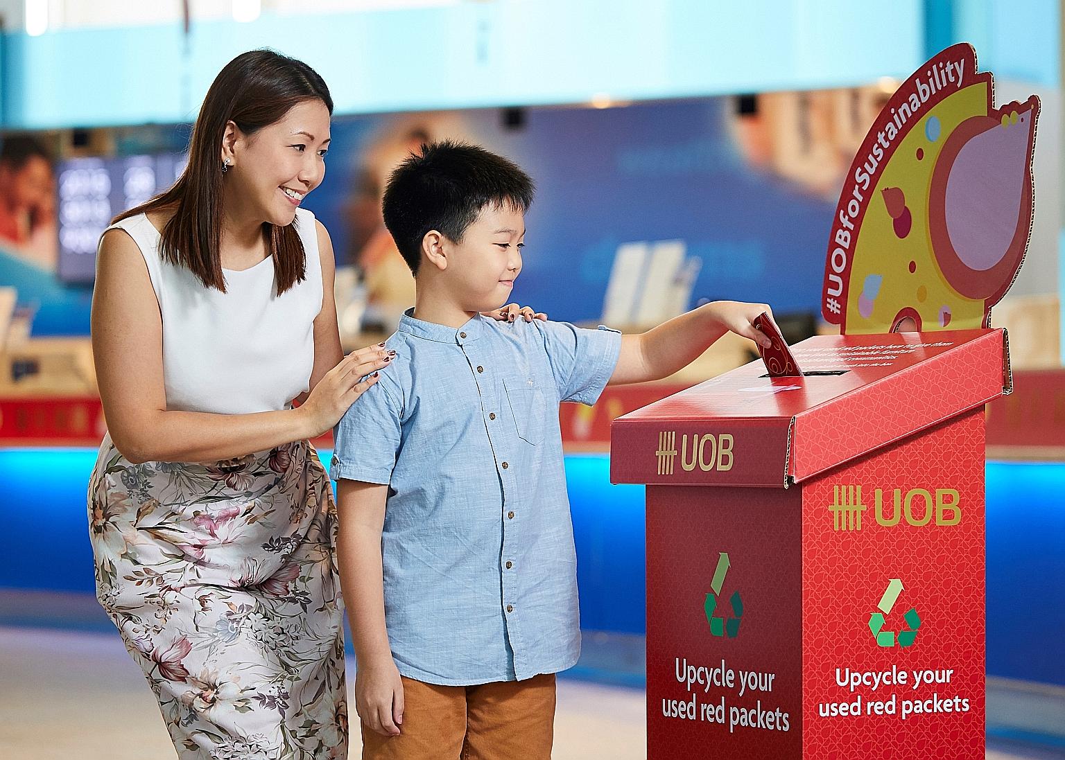 Customers are encouraged to drop their used red packets into recycling boxes from Jan 20 at designated UOB branches.