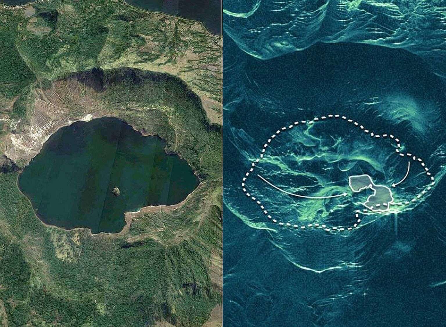 These satellite images taken before and after the Taal volcano came to life in the Philippines last Sunday show that the lake within the volcano's crater has all but disappeared amid the ongoing volcanic activity. The picture on the left is a Google 