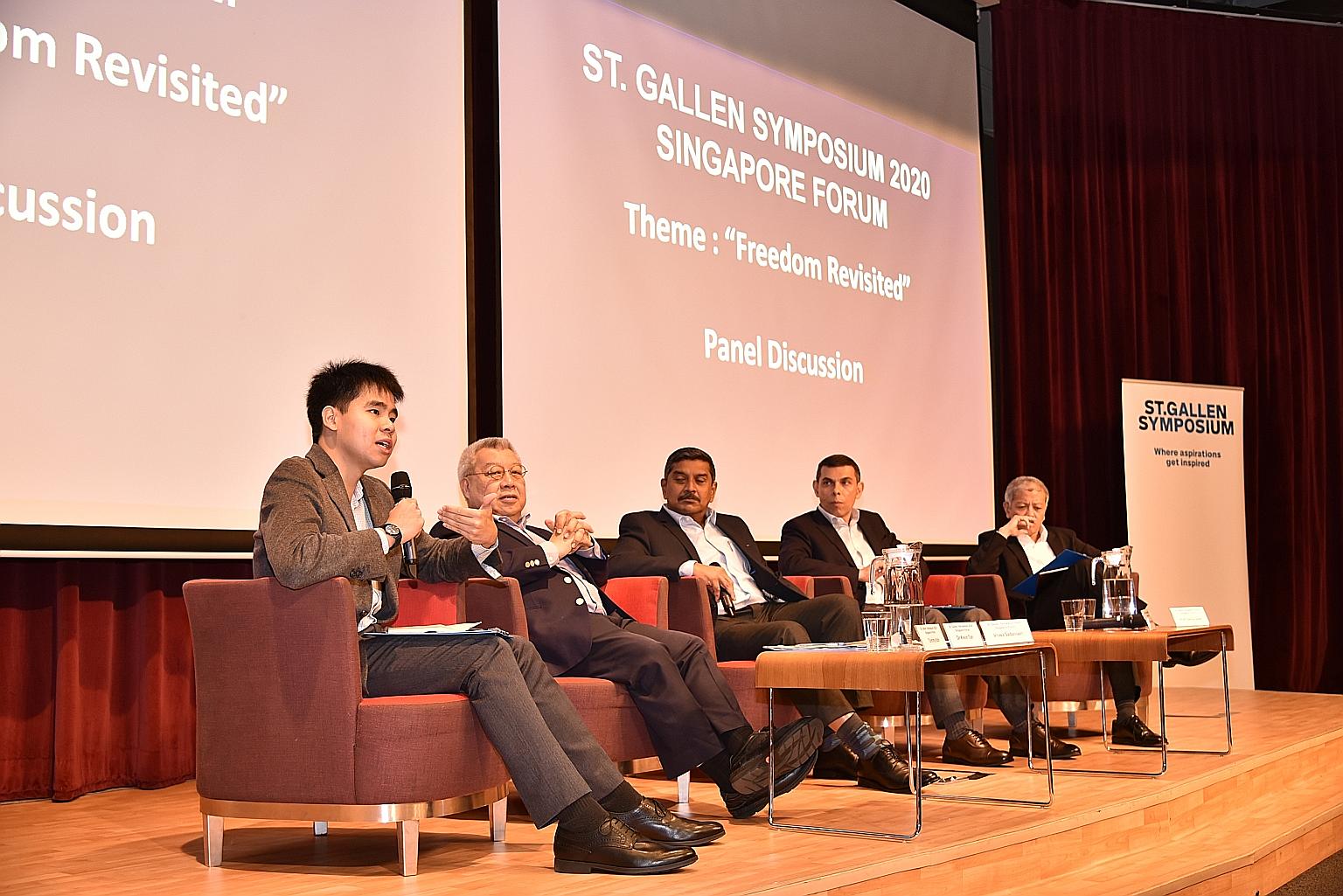 (From left) Mr Tommy Koh, St Gallen Leader of Tomorrow for 2018 and last year, speaking during the panel discussion at the St Gallen Symposium Singapore Forum 2020 yesterday. With him were National University of Singapore adjunct professor Kevin Y. L