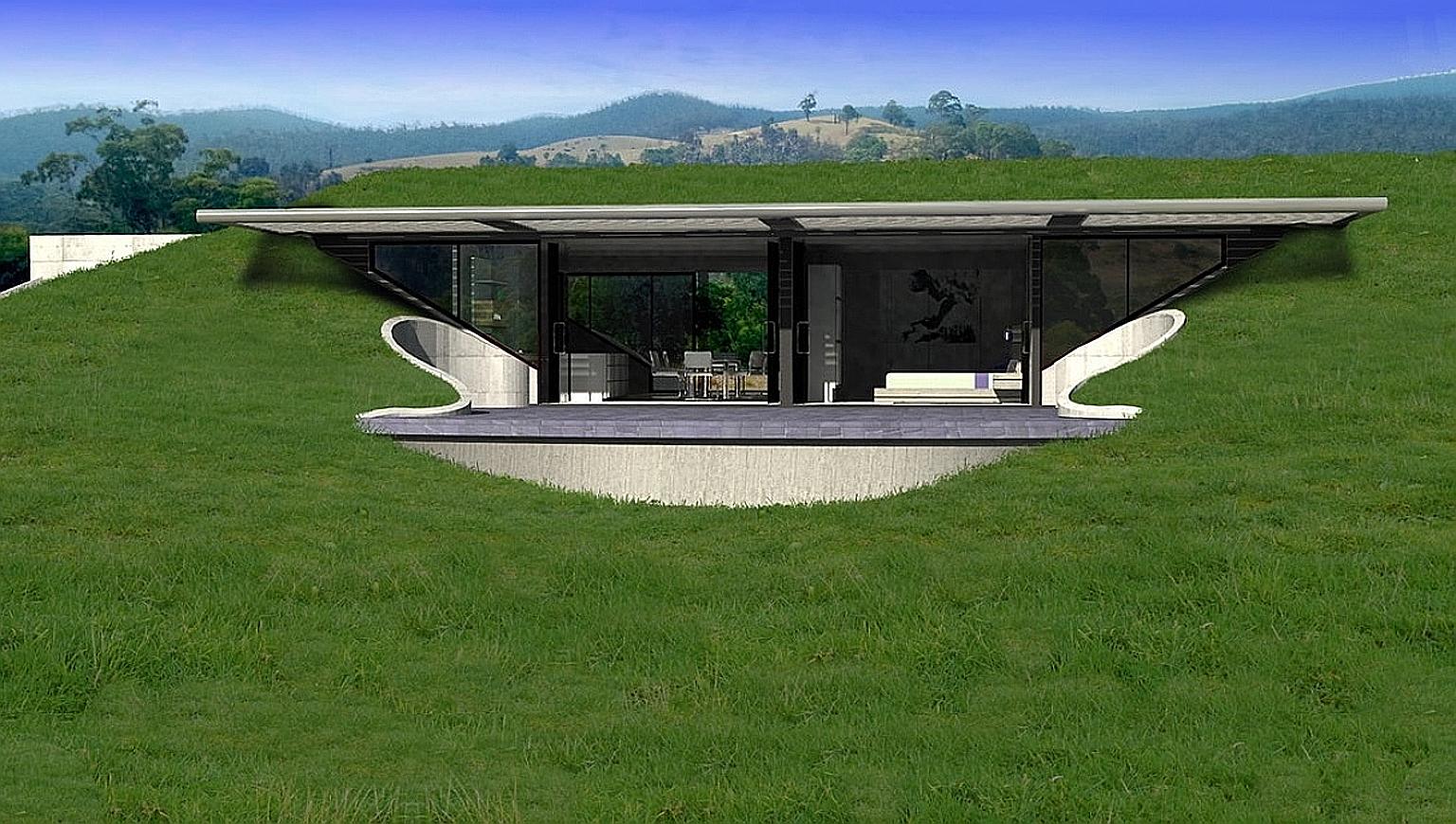 A drawing of the "earth-sheltered" house in Whittlesea, designed by Baldwin O'Bryan Architects, that is protected from fires.