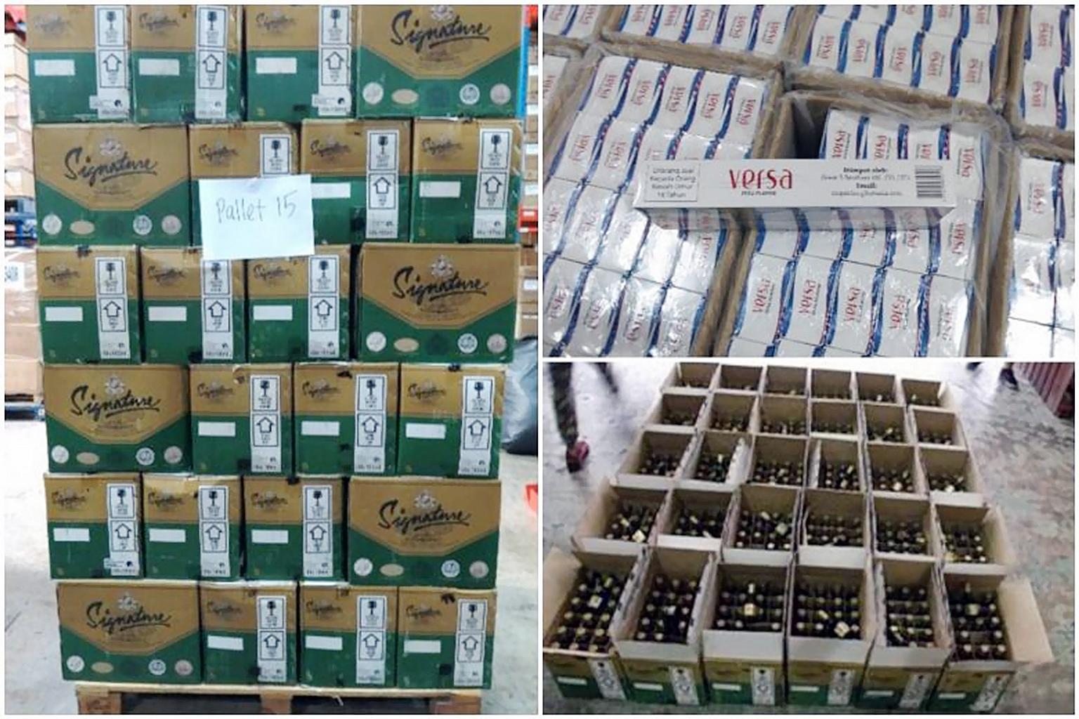A total of 16,435 cartons and 11 packets of cigarettes, and 22,094 bottles of liquors were seized from a warehouse at Airport Logistics Park Singapore, on June 9, 2016.