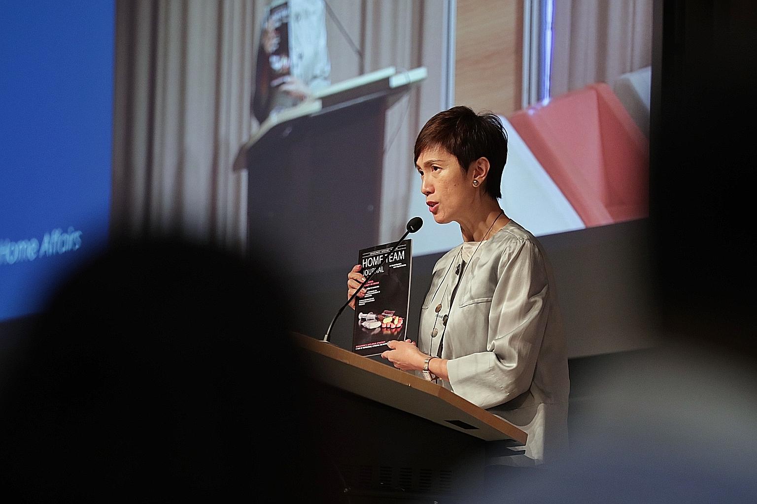 Mrs Josephine Teo, Second Minister for Home Affairs and Minister for Manpower, delivering a speech at the Harm Prevention Seminar 2020 held at the Lifelong Learning Institute yesterday. She called the $1.23 billion cost of drug crime in 2015 "soberin