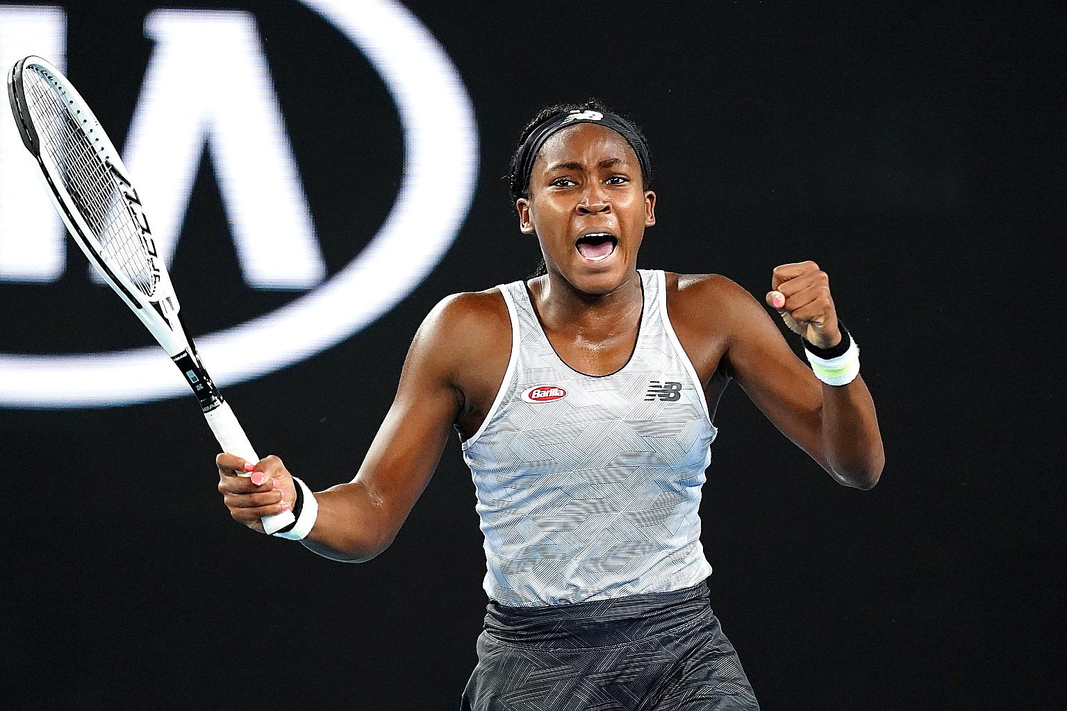 Coco Gauff celebrating a point during her first-round match against Venus Williams at Melbourne Park. The teenager repeated her Wimbledon win over her more experienced compatriot.