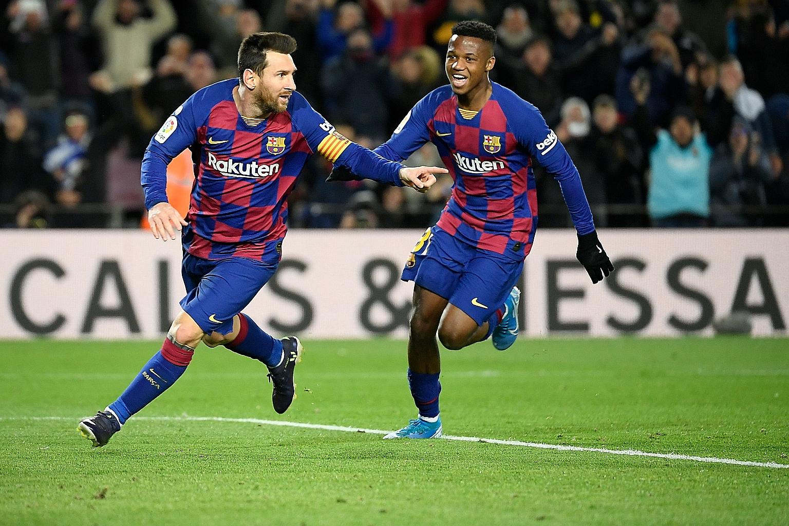 Barcelona star Lionel Messi celebrating his winner against Granada with Ansu Fati. He also scored in the Barcelona managerial debuts of Tito Vilanova, Tata Martino, Luis Enrique and Ernesto Valverde. PHOTO: AGENCE FRANCE-PRESSE