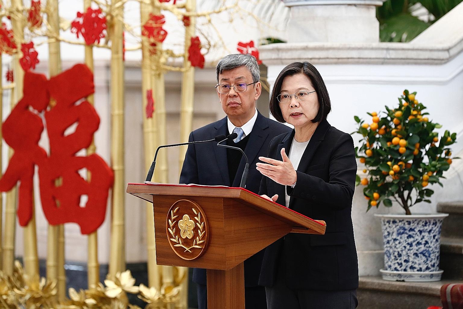 Taiwanese President Tsai Ing-wen speaking in Taipei yesterday about the virus. With her was Vice-President Chen Chien-jen. PHOTO: EPA-EFE