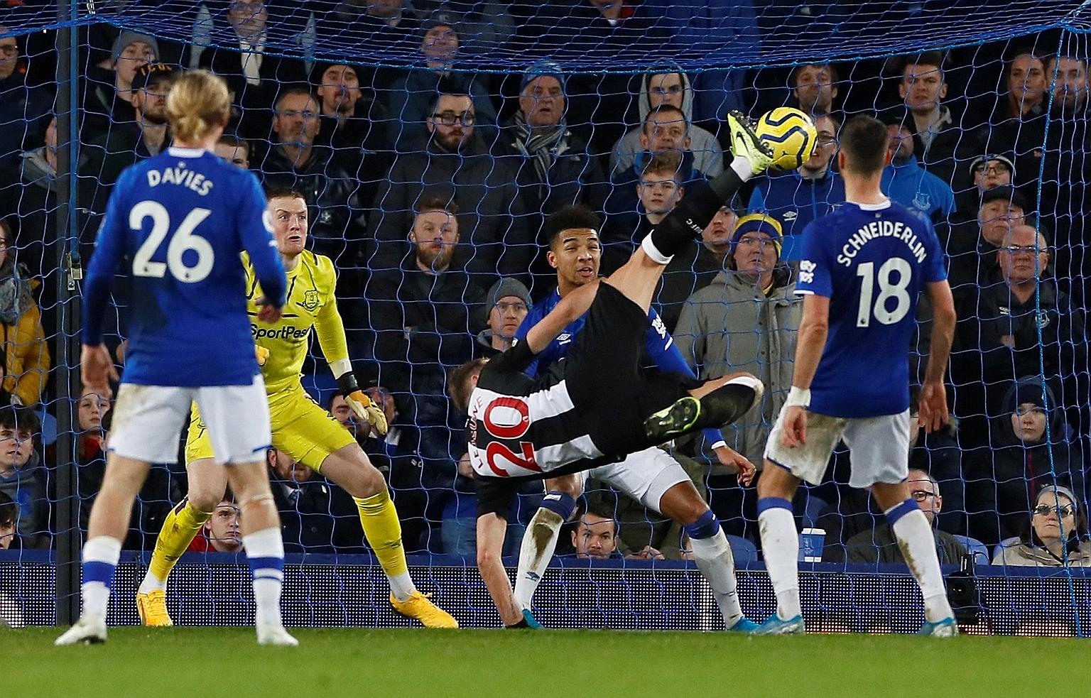 Newcastle centre-back Florian Lejeune scoring his first goal in three years. Just 102 seconds later, he netted against Everton again. PHOTO: REUTERS