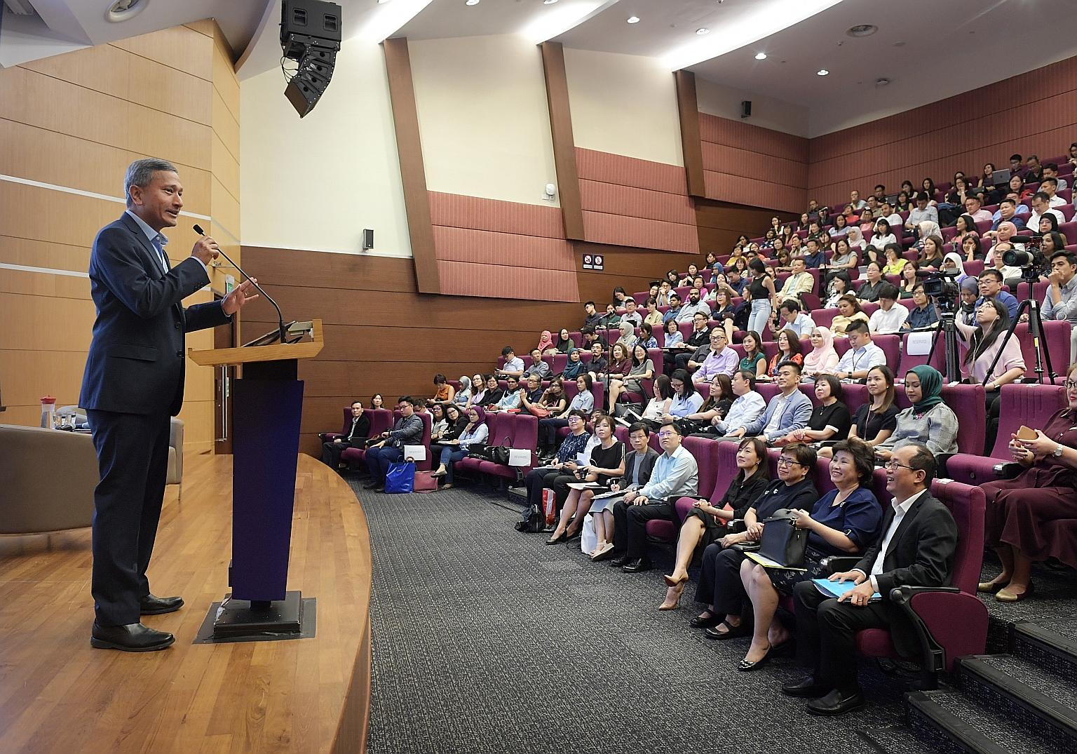 Foreign Minister Vivian Balakrishnan speaking to educators on the theme, "Singapore's foreign policy: Staying together in a turbulent world", at a dialogue jointly organised by the Ministry of Education and Ministry of Foreign Affairs, at the Singapo