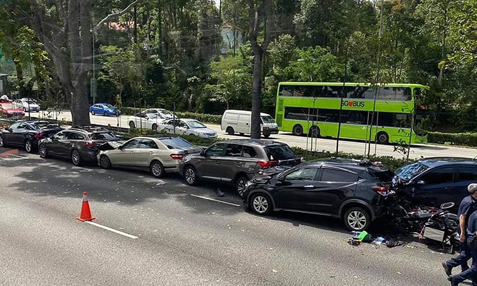 Two motorcyclists were taken to hospital after an eight-vehicle accident on the Ayer Rajah Expressway (AYE) yesterday morning. Six cars and two motorcycles were involved in the accident that took place after the expressway's Portsdown Avenue exit, in