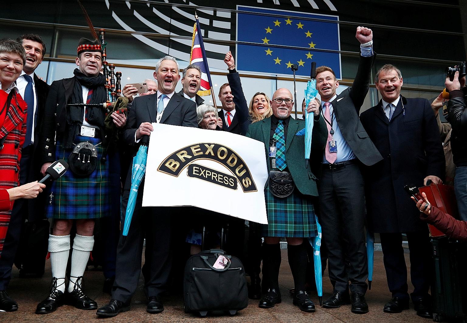 Pro-Brexit British Members of European Parliament leaving the European Parliament in Brussels for the last time yesterday.