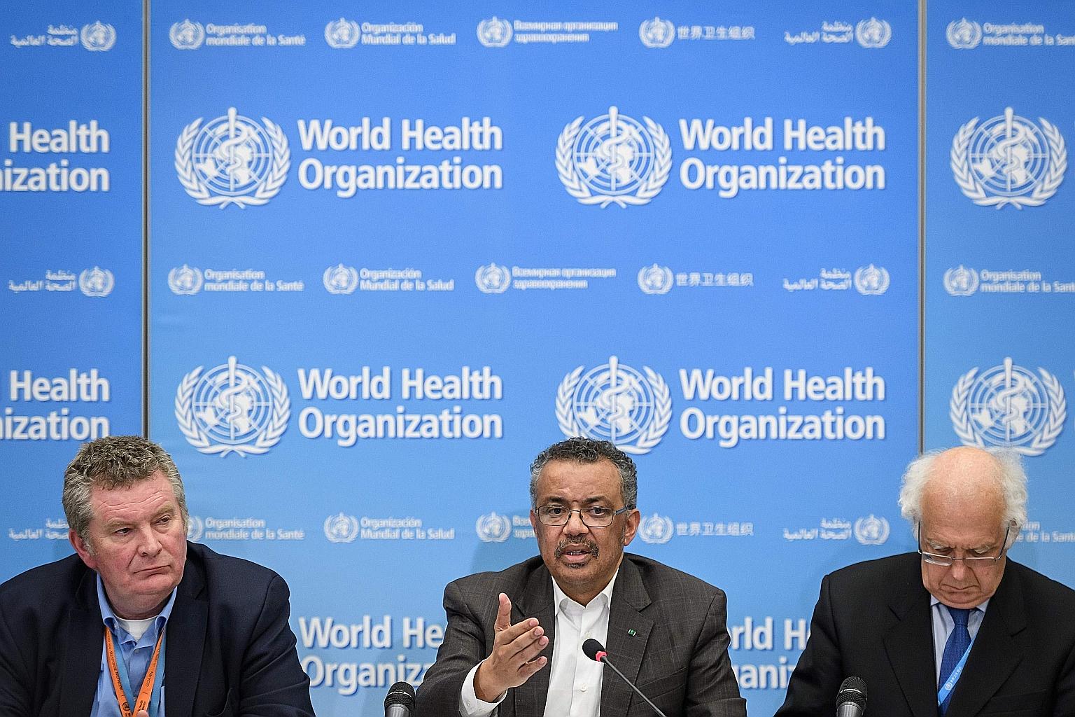 (From left) The World Health Organisation's health emergencies programme head Michael Ryan, director-general Tedros Adhanom Ghebreyesus and emergency committee chair Didier Houssin at a news conference in Geneva on Thursday, when the WHO declared the