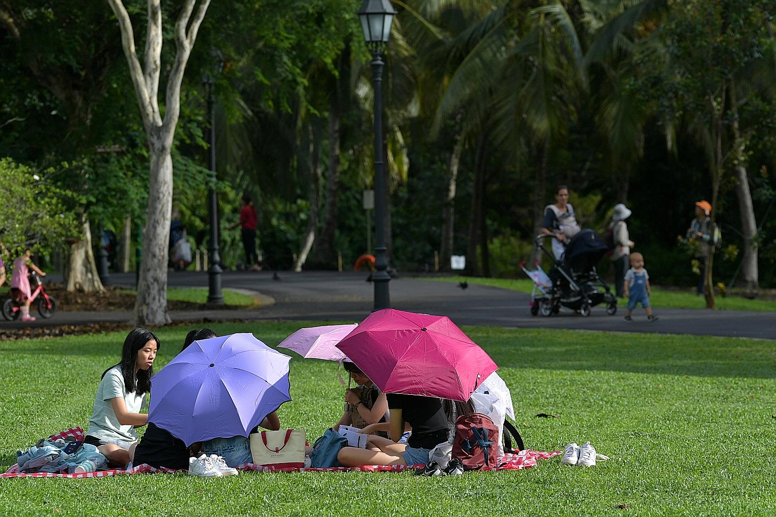 People having a picnic at the Singapore Botanic Gardens in December. There will be more warm weather ahead this month, with the daily temperature on most days expected to be between 24 deg C and 34 deg C.