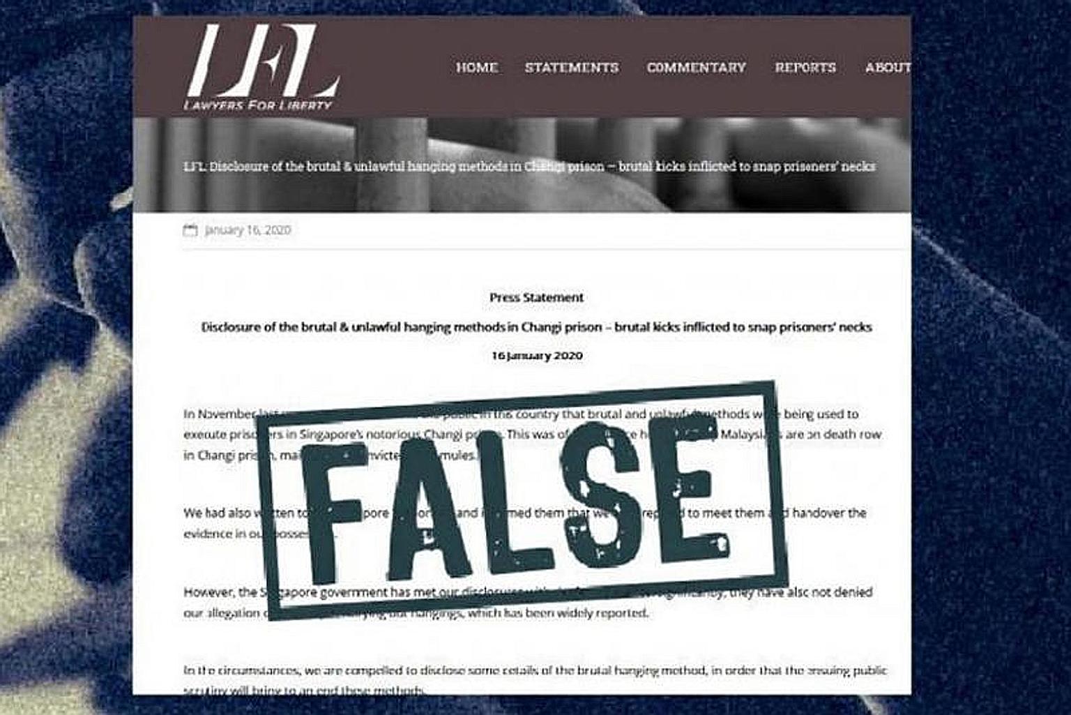 A screengrab from the Gov.sg website stating that the Lawyers for Liberty (LFL) statement is false. LFL was ordered to make a correction under the Protection from Online Falsehoods and Manipulation Act.