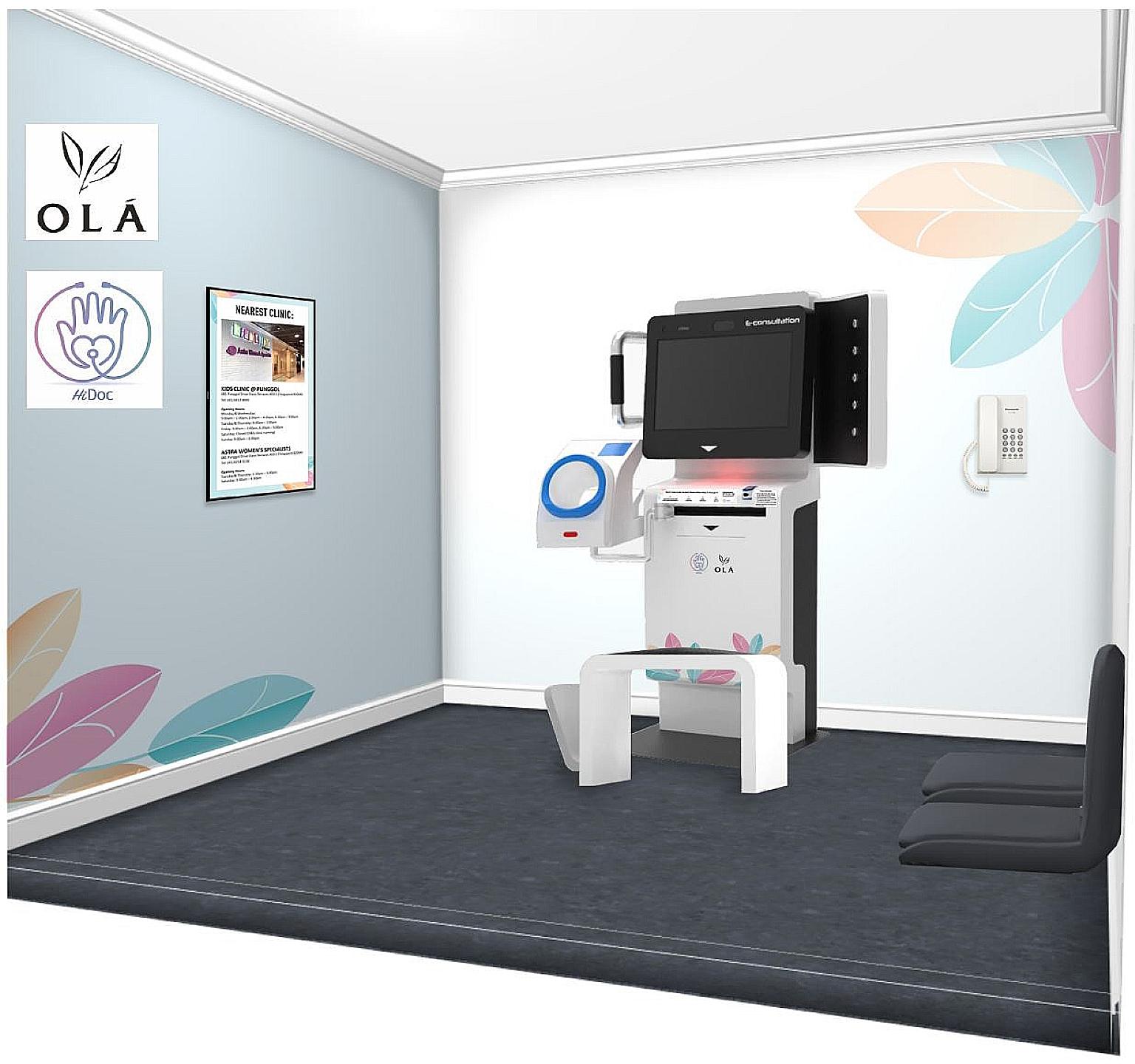 An artist's impression of the telehealth kiosk that will be set up by HiDoc at the upcoming OLA executive condominium in Sengkang.