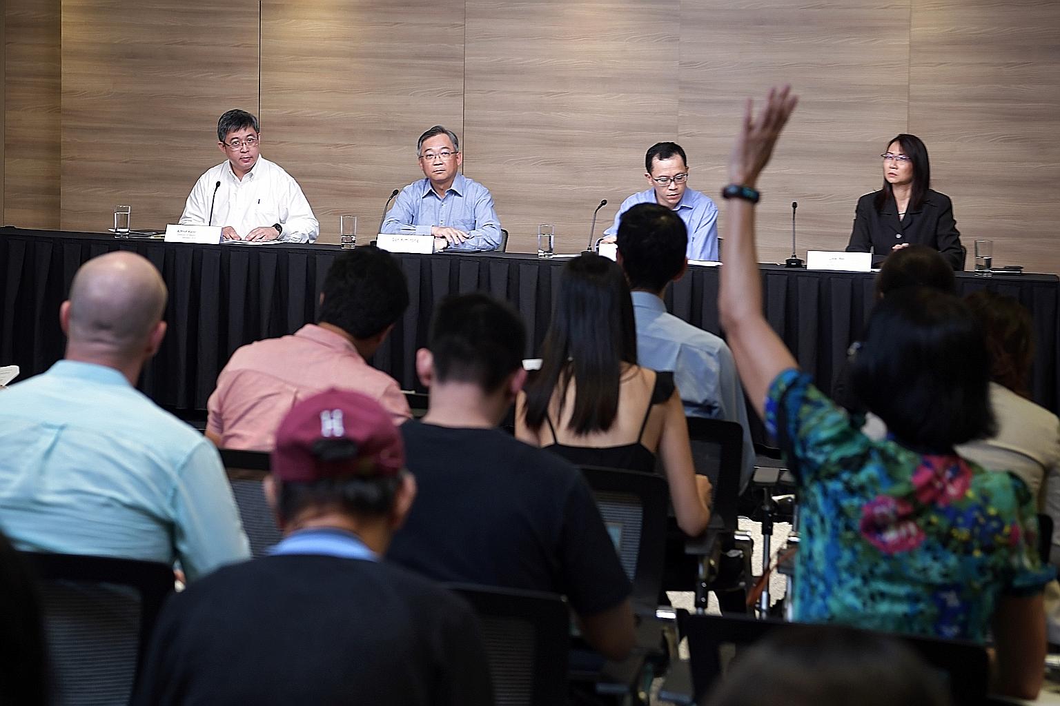 At a press conference yesterday by the multi-ministry task force were (from left) the Health Ministry's director of medical services Kenneth Mak, Health Minister Gan Kim Yong, Permanent Secretary for Manpower Aubeck Kam, and the Education Ministry's 